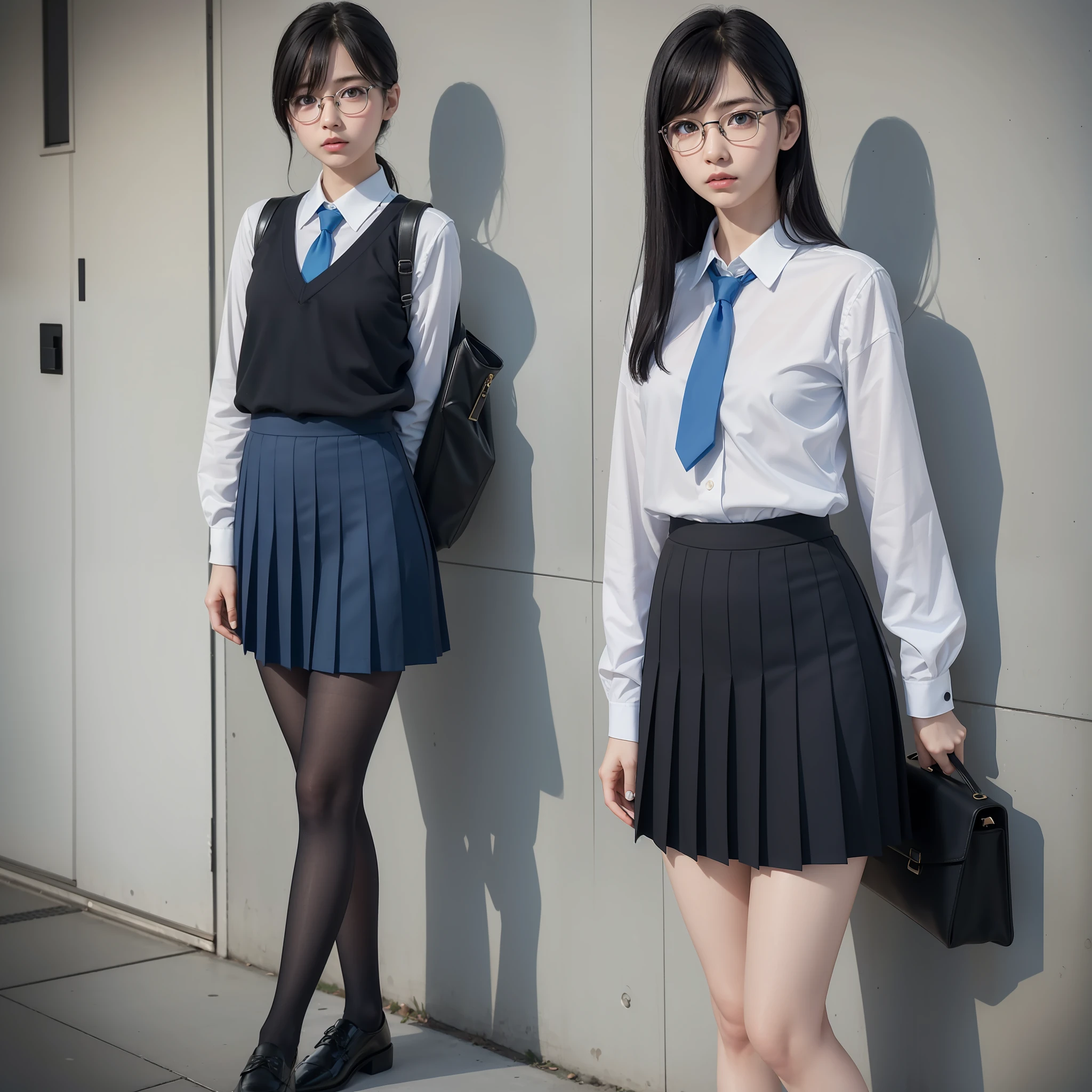 Raw photo, Candid, Narrow eyes, full body, black pantyhose, textured skin, 1 girl, solo, blue tie, (medium hair:1.2), pale skin, Japan person, glasses, small, young, tall, dark expression, bright black eyes, anger, school uniform, blue and light blue checked skirt, slender body, medium build, small waist, wide thighs, photorealistic, best quality, 8k, masterpiece