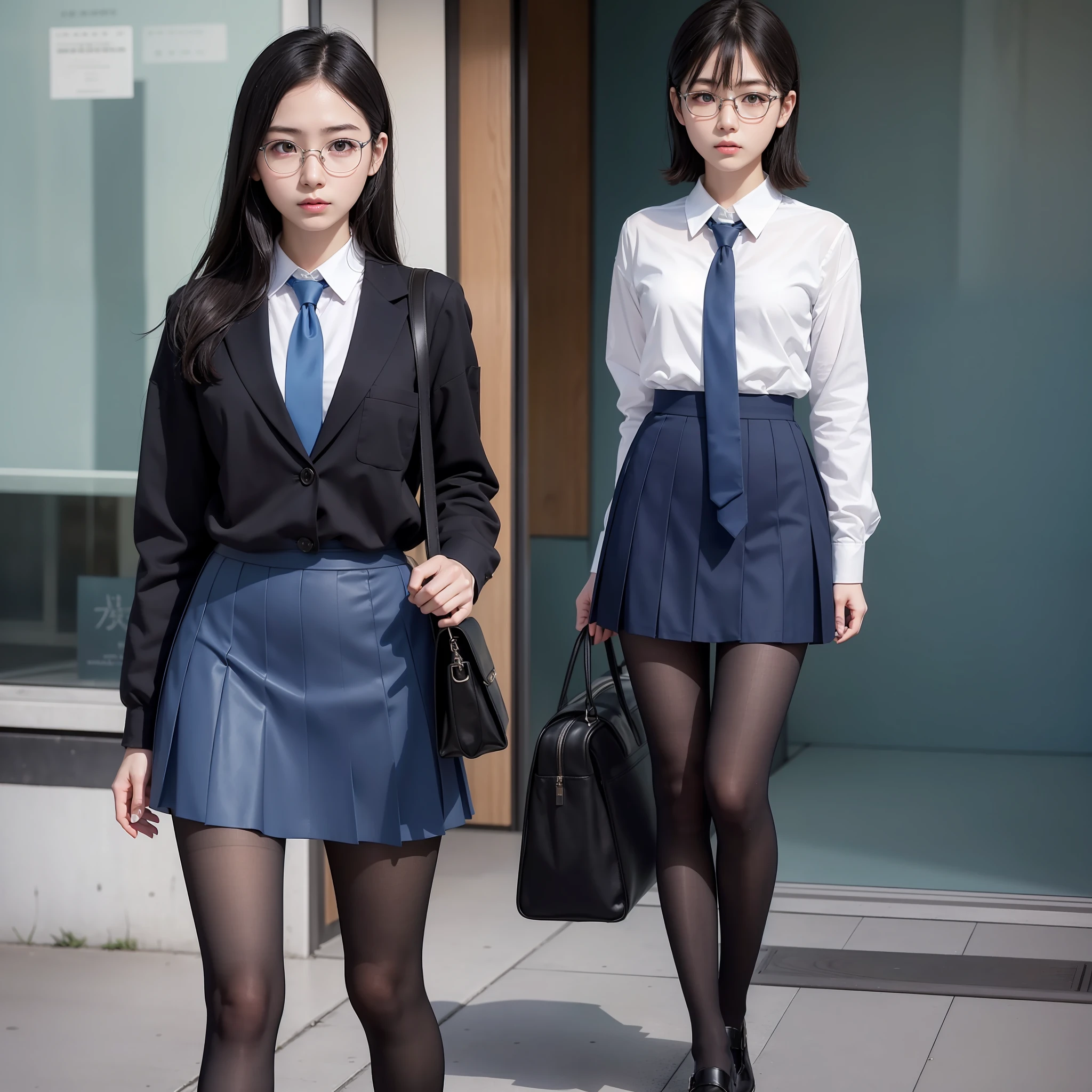 Raw photo, Candid, Narrow eyes, full body, black pantyhose, textured skin, 1 girl, solo, blue tie, (medium hair:1.2), pale skin, Japan person, glasses, small, young, tall, dark expression, bright black eyes, anger, school uniform, blue and light blue checked skirt, slender body, medium build, small waist, wide thighs, photorealistic, best quality, 8k, masterpiece