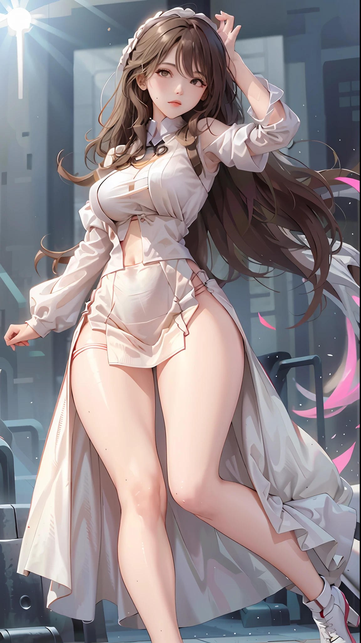 Woman body definition thick thigh cybernetic body parts, white long skirt, long skirt