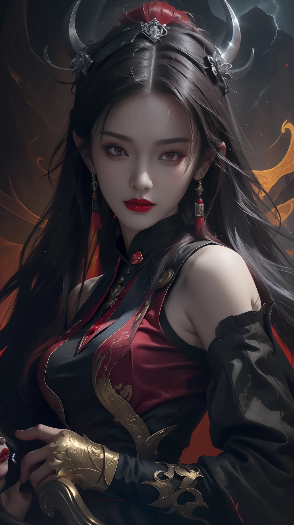 1 beautiful devil woman from hell, In the Dark: 1.6), surreal female portrait by David Hockney and Alphonse Mucha, fantasy art, korea doll, photorealism, dynamic lighting, artstation, poster, volumetric lighting, very detailed faces, 8k ultra, all body, Awarded, in the dark, deep shadow, low key, cowboy lens, (Red phoenix dress: 1.4), long hair, black hair, bust, luxurious palace, Royal style, devil  crown, red eyes make up very sharp and detailed, The most beautiful face, big and regular breasts, Super realistic, chinese women's clothing, polo neck sweater, Charming smile, The eyes are very well made up, guweiz, devil style, loong, forehead mark, upper body, 2 bangs braided hair, Red lips, Devil tattoo on shoulder, wearing a thin red and black robe, the landscape is overcast and thunderous, Cover your hands with thin black gloves,