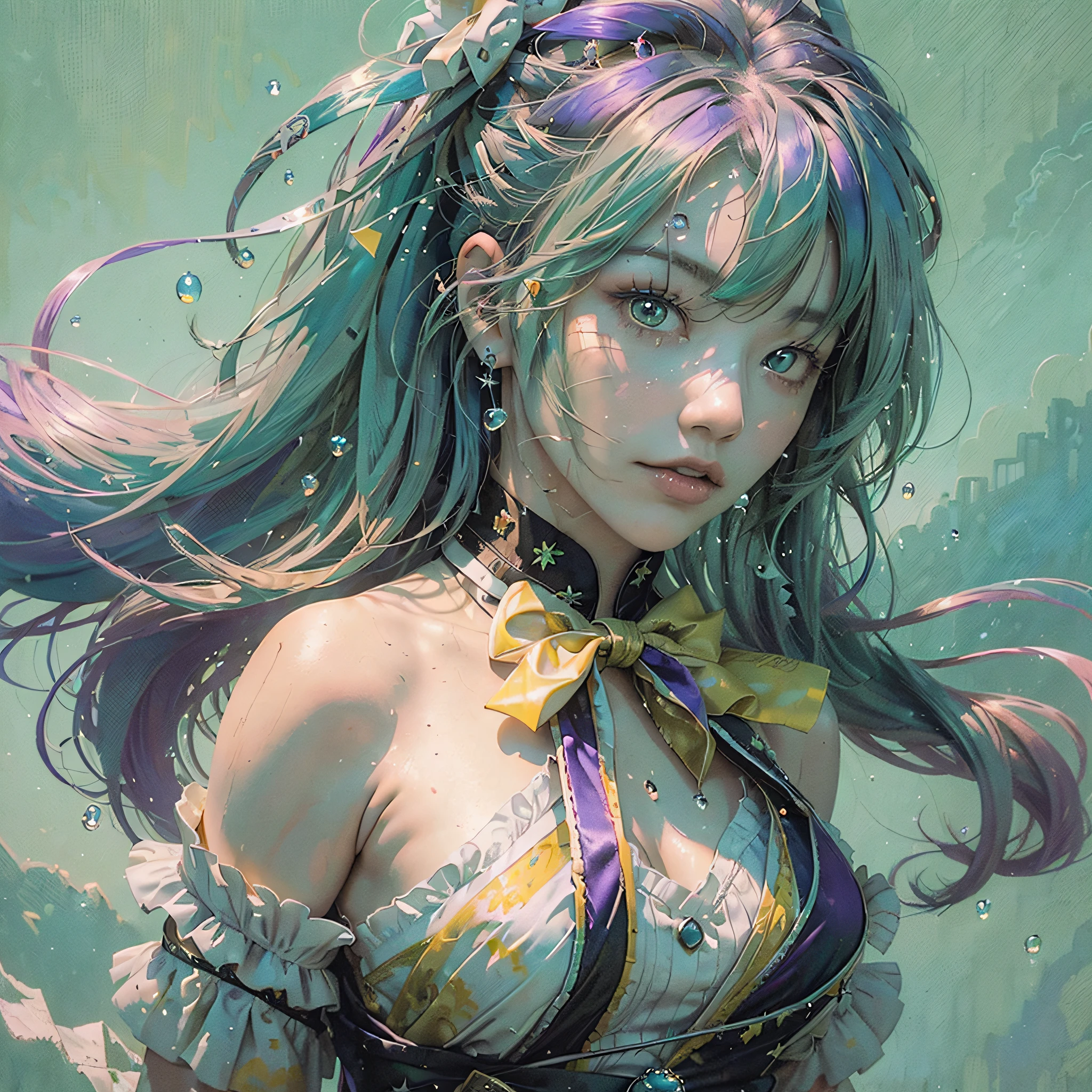 (masterpiece), a highly detailed female character wallpaper in 8K with the best image quality. Beautiful and delicate, with a high dynamic angle, it descends in a way that seems to come out (1 girl). Black eyes, hair colored by (multicolored_hair+silver hair:1.3+red hair:1.2+purple hair+yellow hair:1.3+green hair:1.3), beautiful face with a white martial arts costume and a ribbon around her neck, clouds with a lot of water droplets. A watercolor painting that stands out in a vast landscape. --auto --s2