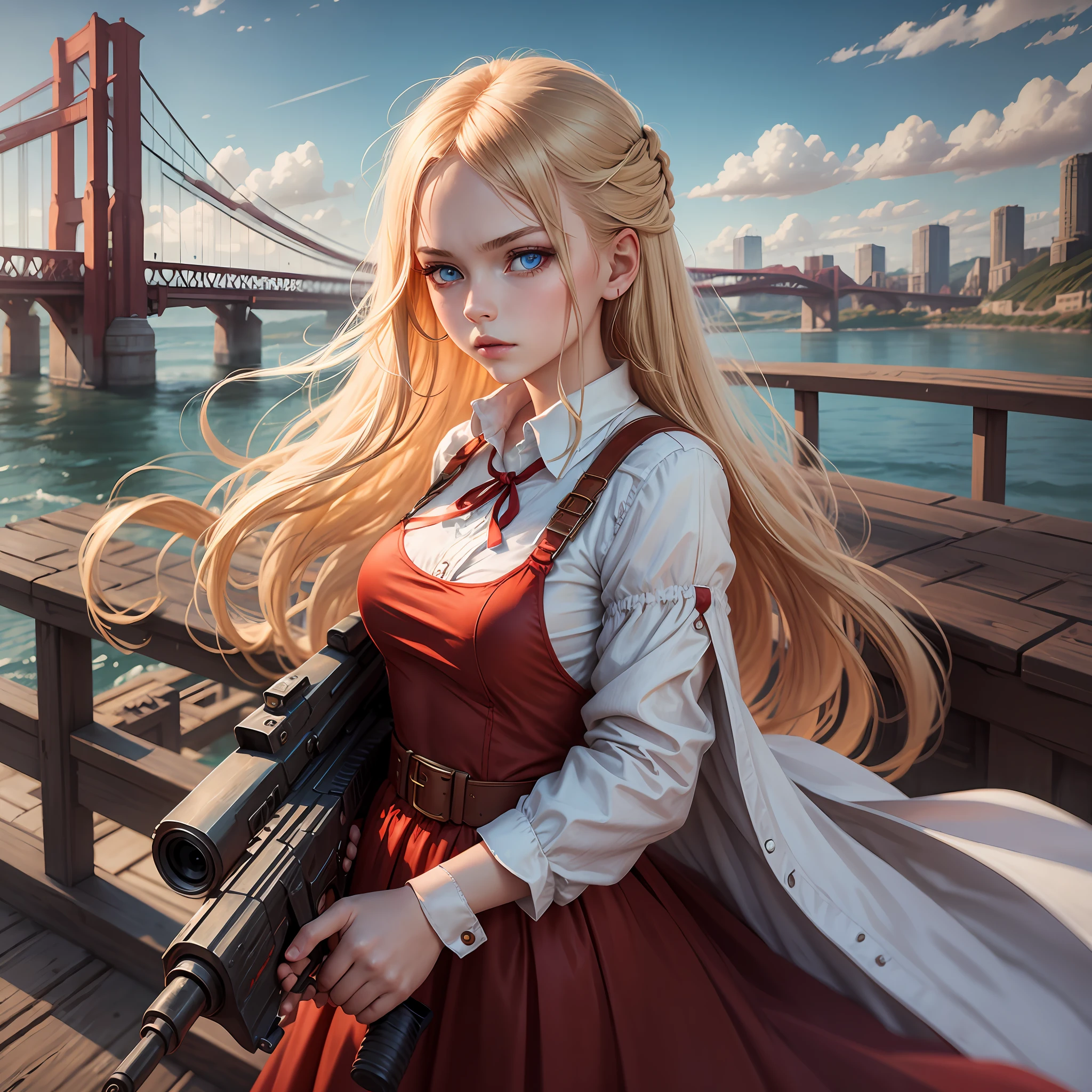 Russian girl with power gun in the long red dress standing against the strong wind over the bridge across the creep. She has the blue eye and golden hair --auto --s2
