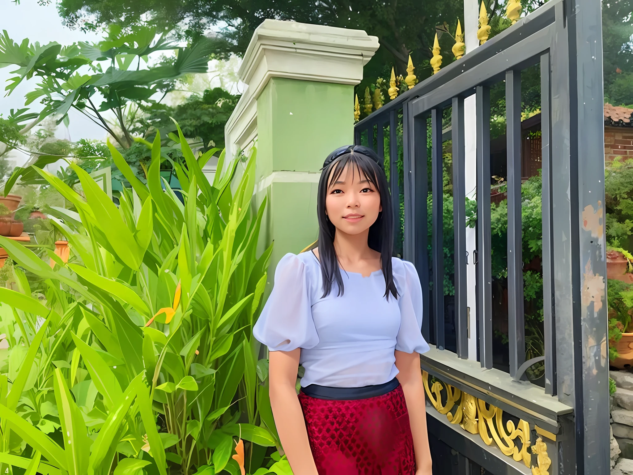 arafed woman standing in front of a gate with a green plant, nivanh chanthara, photo taken in 2 0 2 0, mai anh tran, profile image, a picture, in style of lam manh, dang my linh, inspired by Ruth Jên, profile picture, taken in 2 0 2 0, in front of the house