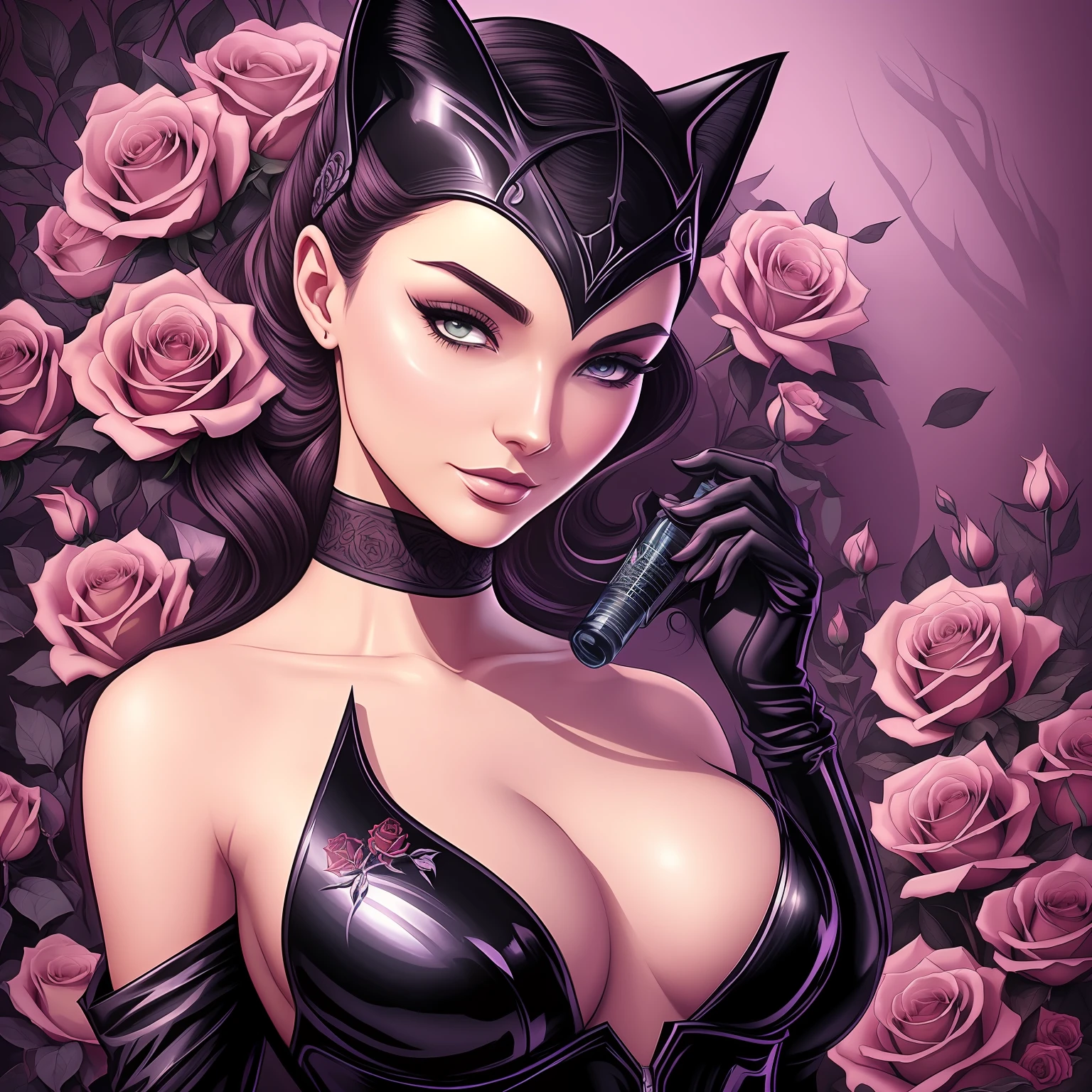 Catwoman with roses, the scene should be dark and moody, with a focus on intricate details and smooth textures, use art by lois van baarle and ross tran as inspiration, with a trending style on artstation hq. the scent bottle should be the center of attention, with the catwoman's face partially hidden in shadows. include digital painting techniques to create a sharp focus on the bottle and an ethereal feel to the roses. --auto --s2