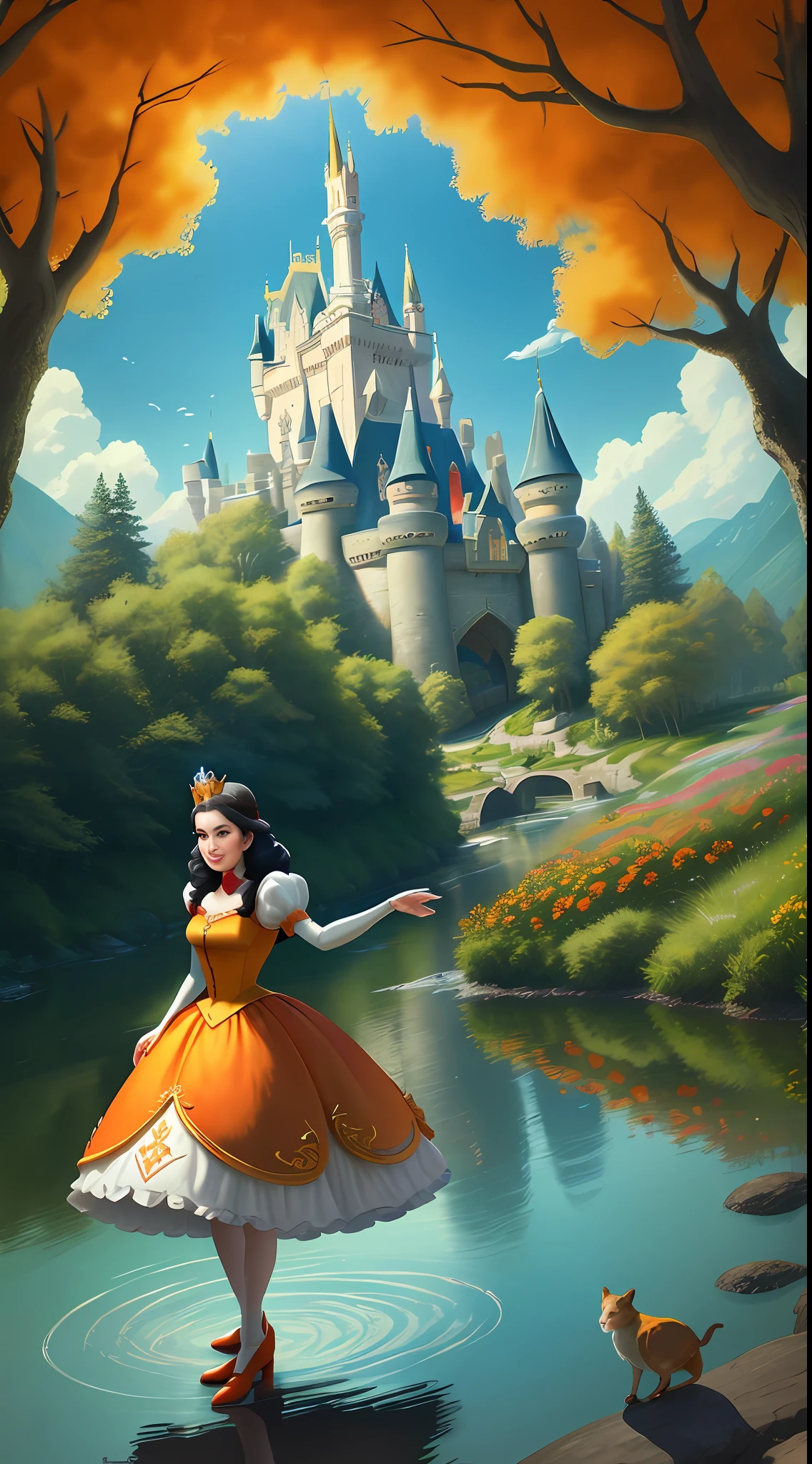 a middle-aged Disney Princess Snow White wearing a crown in the woods with many cute animals near her, dancing first-person view. Many flowers of various colors. A sunny day. with a river and a fairytale castle in the background. Walt Disney cartoon style masterpiece, multiple angles looking to the camera, big orange and red roses, 3, smelling, light smile, satellite image, close-up, dutch angle