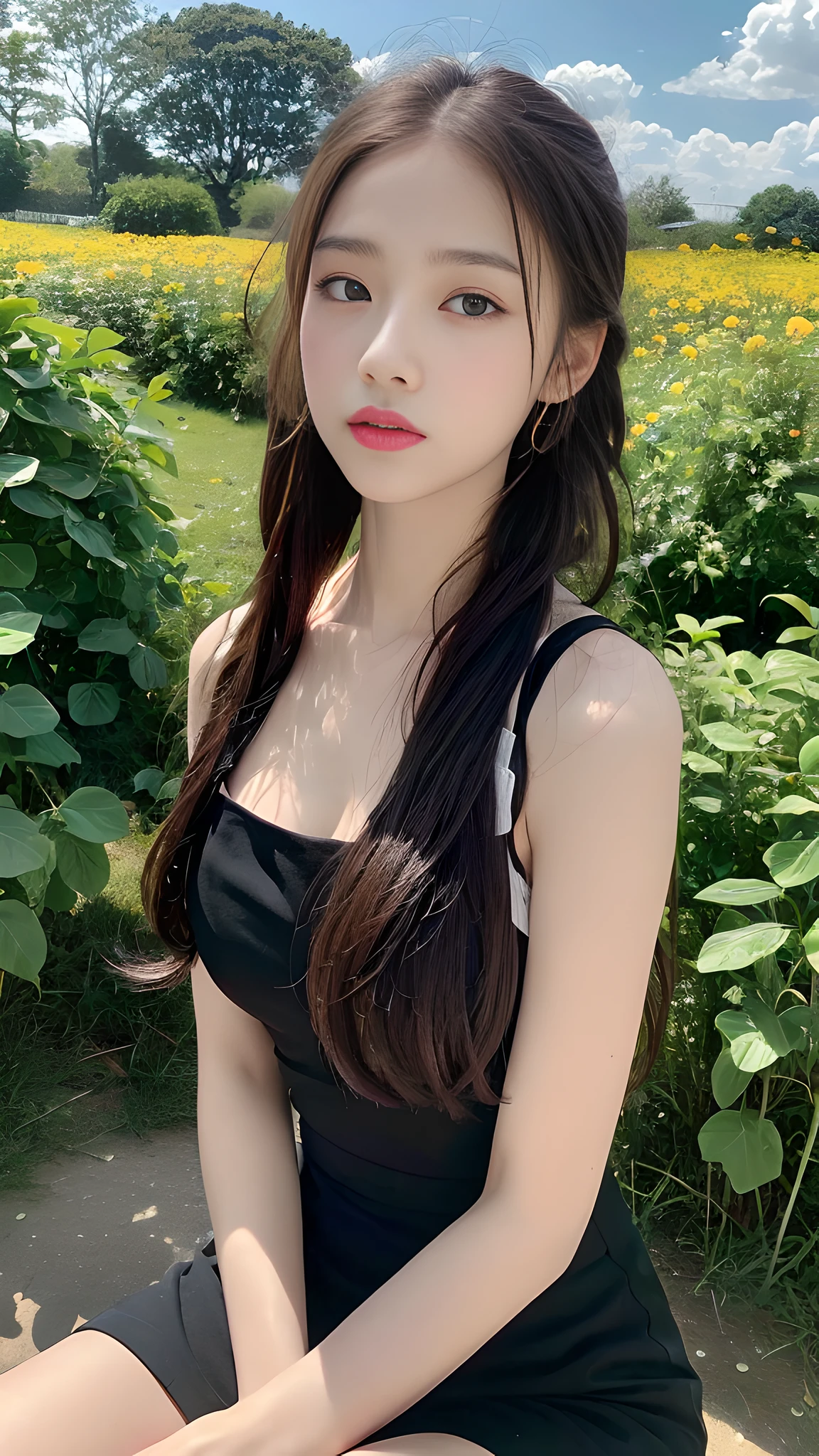 ((Best Quality, 8K, Masterpiece:1.3)), A beautiful girl, pure, melon face, gentle and cute, thin figure, front, head to the left, lips closed, upper body forward, loose floral jumpsuit, long hair shawl, black silky long hair, round black big eyes, clear big eyes, moist red lips, sweet, sitting, blue sky and white clouds, sunshine, flower background,