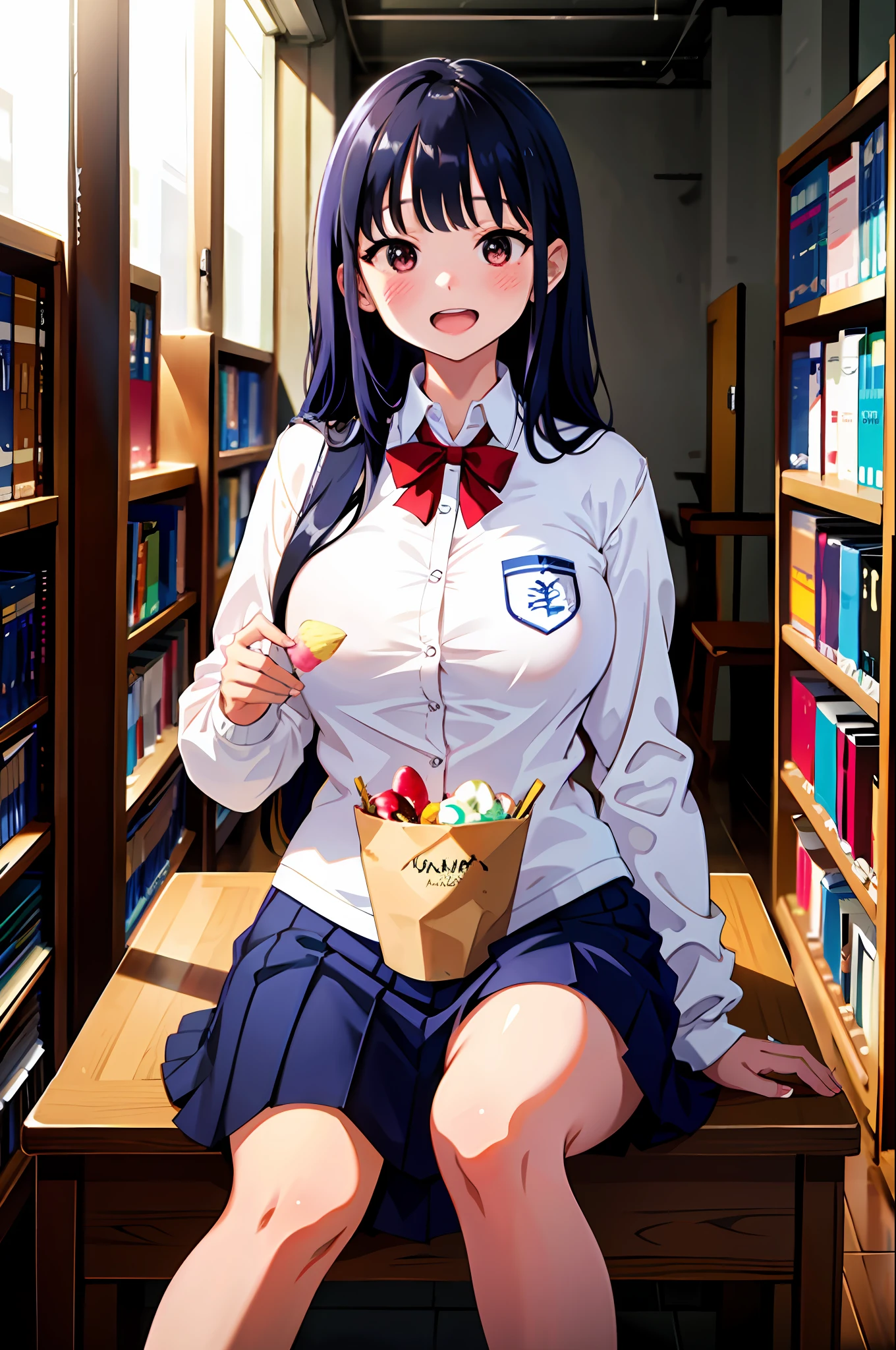masterpiece, absurdres, ultra-detailed, Yamada Anna, long hair, long sleeves, open clothes, large breasts, school uniform, 1girl, black hair, blue pleated skirt, blazer, blush, white collared shirt, solo, (eating ice cream), blush, smile, candy on desk, outdoors, (sitting in library), open mouth, (masterpiece), highres, best quality, 8k, very clear, 9:16,