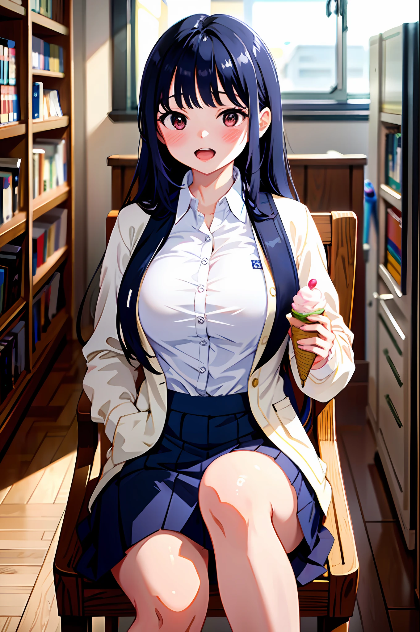 masterpiece, absurdres, ultra-detailed, Yamada Anna, long hair, long sleeves, open clothes, large breasts, school uniform, 1girl, black hair, blue pleated skirt, blazer, blush, white collared shirt, solo, (eating ice cream), blush, smile, candy on desk, outdoors, (sitting in library), open mouth, (masterpiece), highres, best quality, 8k, very clear, 9:16,