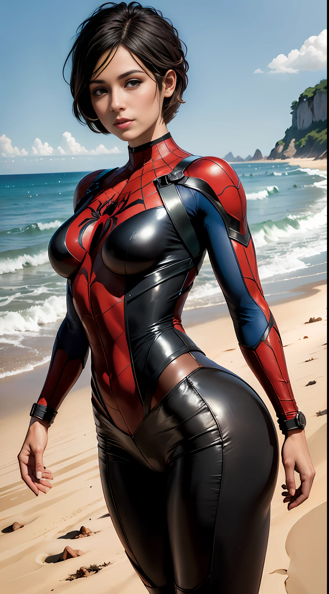 Spider-Man, Beach, (inspired by Mass Effect), Spider-Man suit, safety rating, breasts, fat buttocks, leather pants wrapped around hips (8k, foto raw, fotorrealista: 1, 25), (muito brilho labial, muitos cílios, melhor qualidade, ultra alta resolução, profundidade de campo, Aberração cromática, luz ampla, cor natural, distant image (1:2)