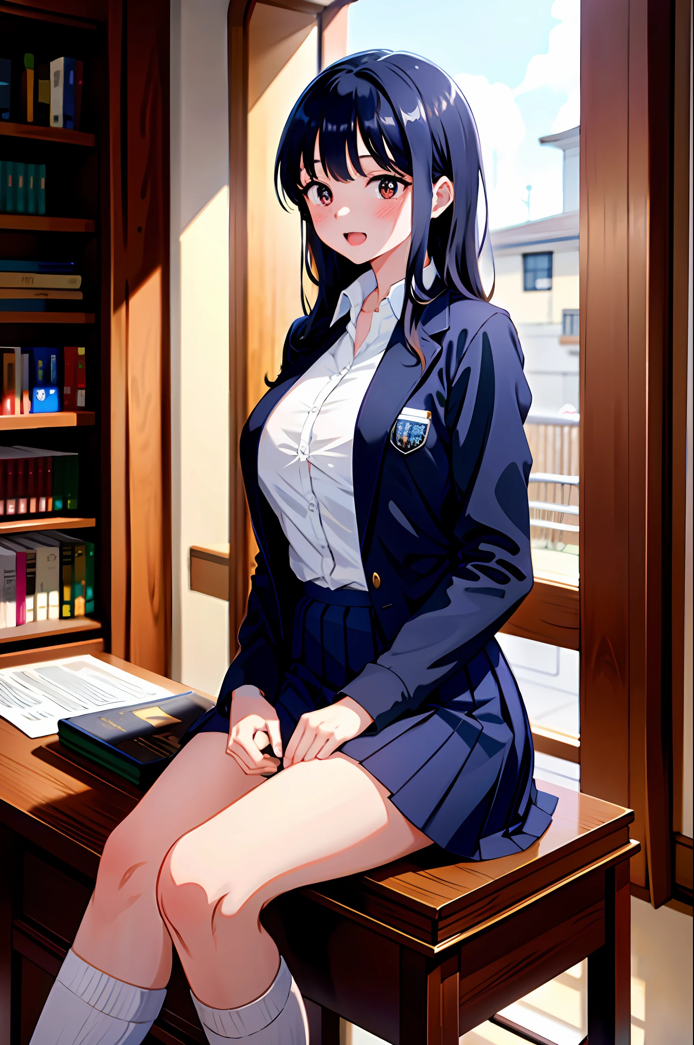 masterpiece, absurdres, ultra-detailed, Yamada Anna, long hair, long sleeves, open clothes, large breasts, school uniform, 1girl, black hair, blue pleated skirt, blazer, blush, white collared shirt, solo, (eating ice cream), blush, smile, candy on desk, outdoors, (sitting in library), open mouth, (masterpiece), highres, best quality, 8k, very clear, 9:16,