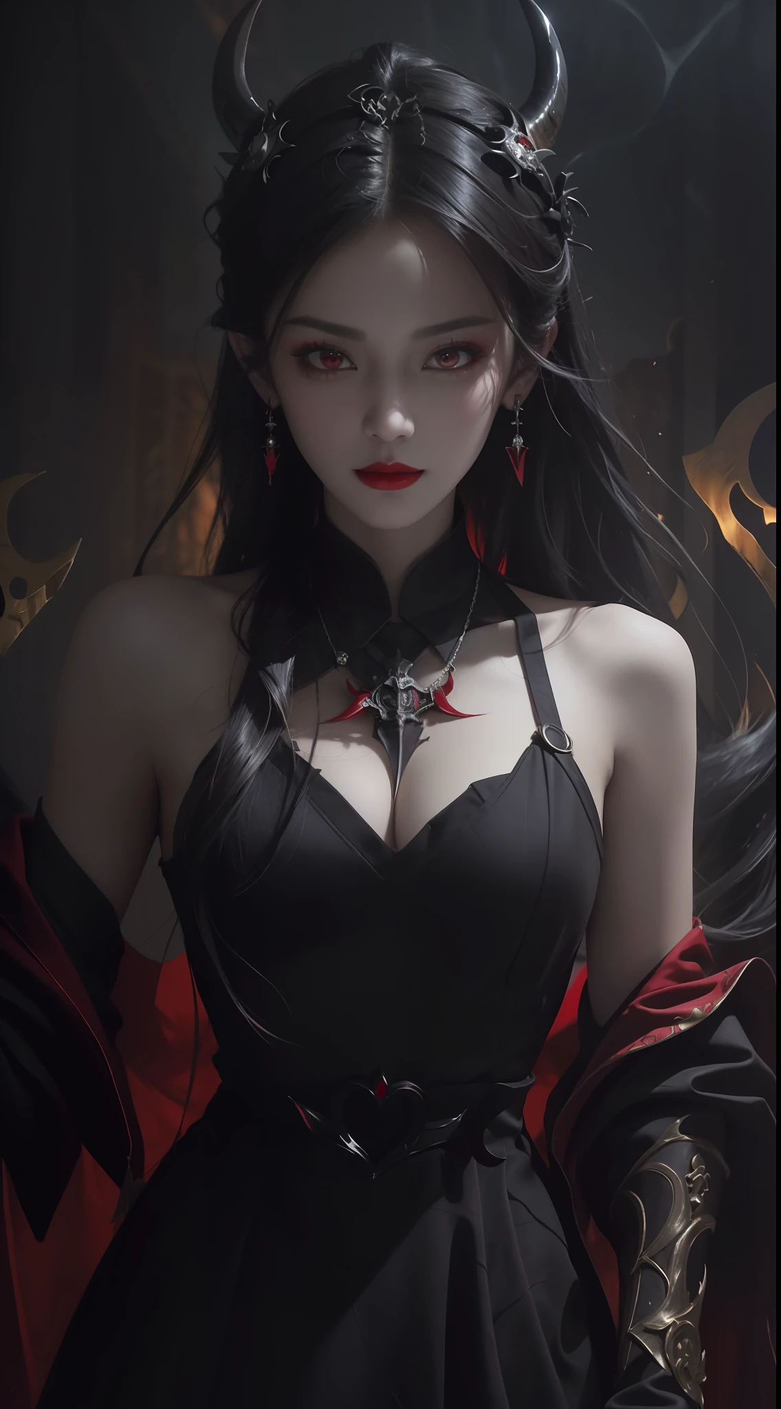 1 beautiful devil woman from hell, In the Dark: 1.6), surreal female portrait by David Hockney and Alphonse Mucha, fantasy art, korea doll, photorealism, dynamic lighting, artstation, poster, volumetric lighting, very detailed faces, 8k ultra, all body, Awarded, in the dark, deep shadow, low key, cowboy lens, (Red phoenix dress: 1.4), long hair, black hair, bust, luxurious palace, Royal style, devil crown, red eyes make up very sharp and detailed, The most beautiful face, big and regular breasts, Super realistic, chinese women's clothing, polo neck sweater, Charming smile, The eyes are very well made up, guweiz, devil style, loong, forehead mark, full body, 2 bangs braided hair, Red lips, Devil tattoo on shoulder, wearing a thin red and black robe, the landscape is overcast and thunderous, Cover your hands with thin black gloves,