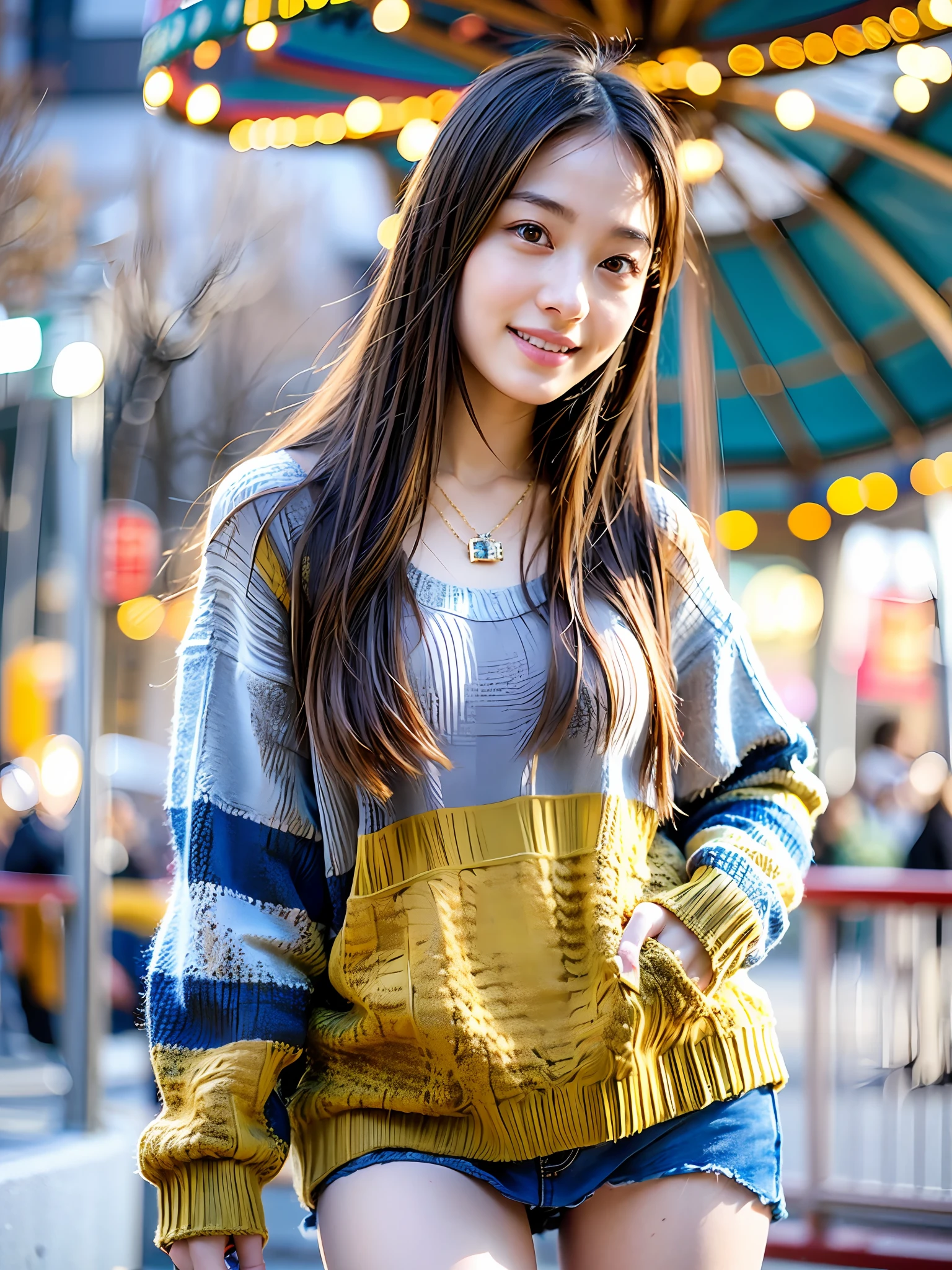 18 year old girl with perfect face and big breasts, small face, right hand and hair, cute clothes, slim and slender physique. The skin has detailed and highly detailed eyes (1.1 emphasis), very detailed skin texture (1.1 emphasis). Slender necklace, model photo style, photorealistic, skin texture is real human skin texture, detailed skin pores, intricate details, eyes are very detailed, knitted sweater, knitwear, knitted colorful!!!、! dream knitwear, highly detailed knitwear, denim skirt, from the knee up, attractive sexy chibiru, smile, strong smile, amusement park, merry-go-round, --s2