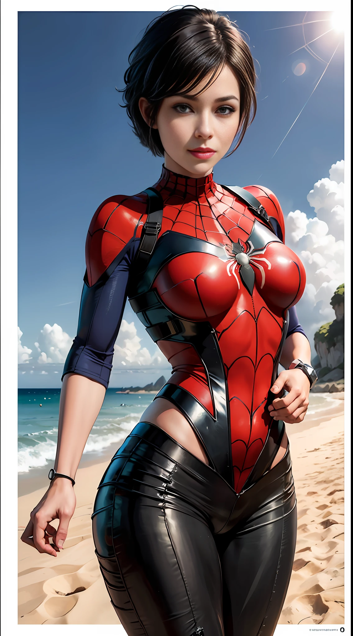 Spider-Man, Beach, (inspired by Mass Effect), Spider-Man suit, safety rating, breasts, fat buttocks, leather pants wrapped around hips (8k, foto raw, fotorrealista: 1, 25), (muito brilho labial, muitos cílios, melhor qualidade, ultra alta resolução, profundidade de campo, Aberração cromática, luz ampla, cor natural, distant image (1:2)