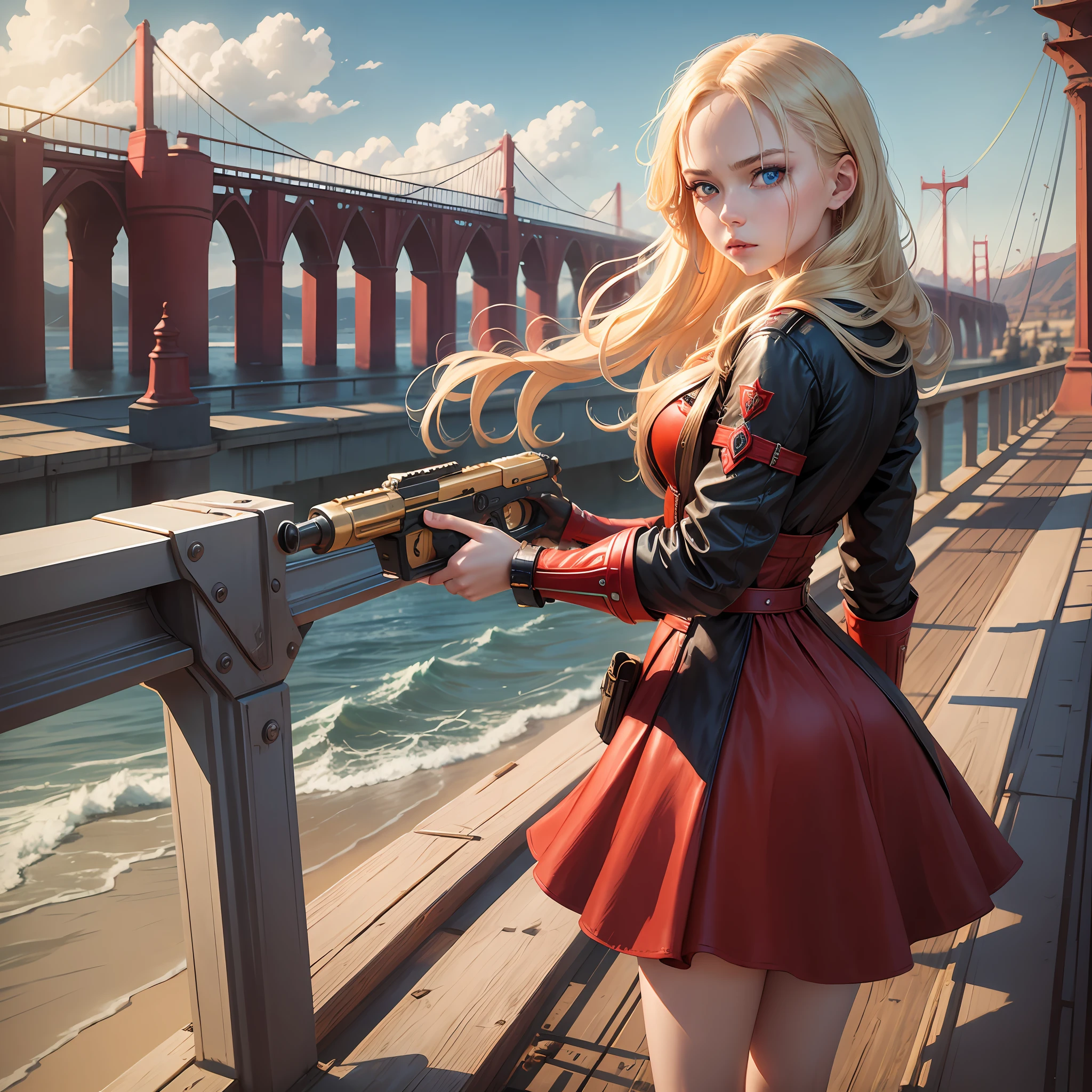 Russian girl with power gun in the long red dress standing against the strong wind over the bridge across the creep. She has the blue eye and golden hair --auto --s2