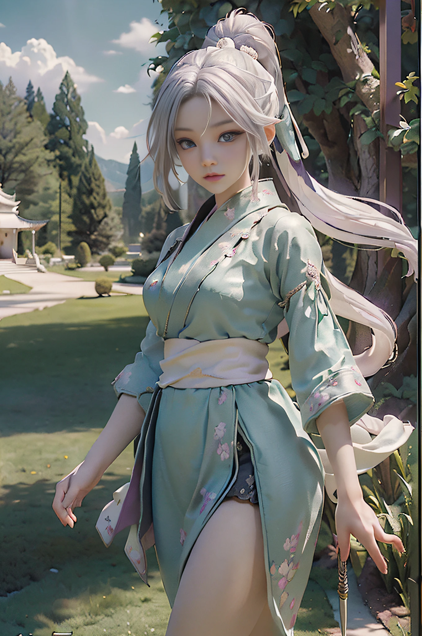 (((masterpiece)), ((best quality)), ((ultra-detailed)), (CG illustration), cinematic light, intricate detail, full body, chibi, 1girl, white hair, ponytail, purple eyes, (ninja), short sword, medium bust, scarf, wallpaper, magic array background, light particles, green fire , behind it is the Golden Pavilion Temple