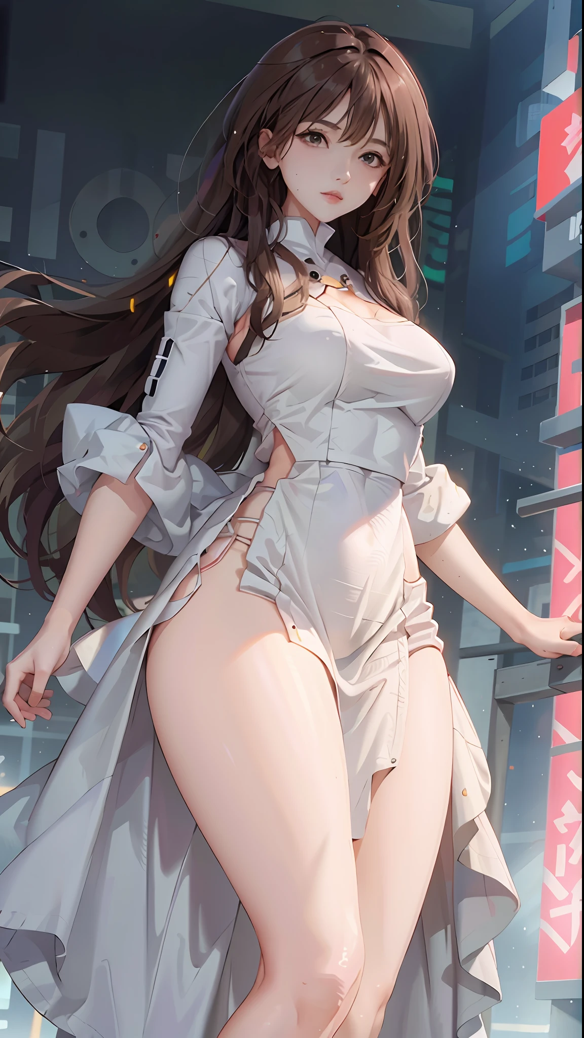 Woman body definition thick thigh cybernetic body parts, white long skirt, long skirt