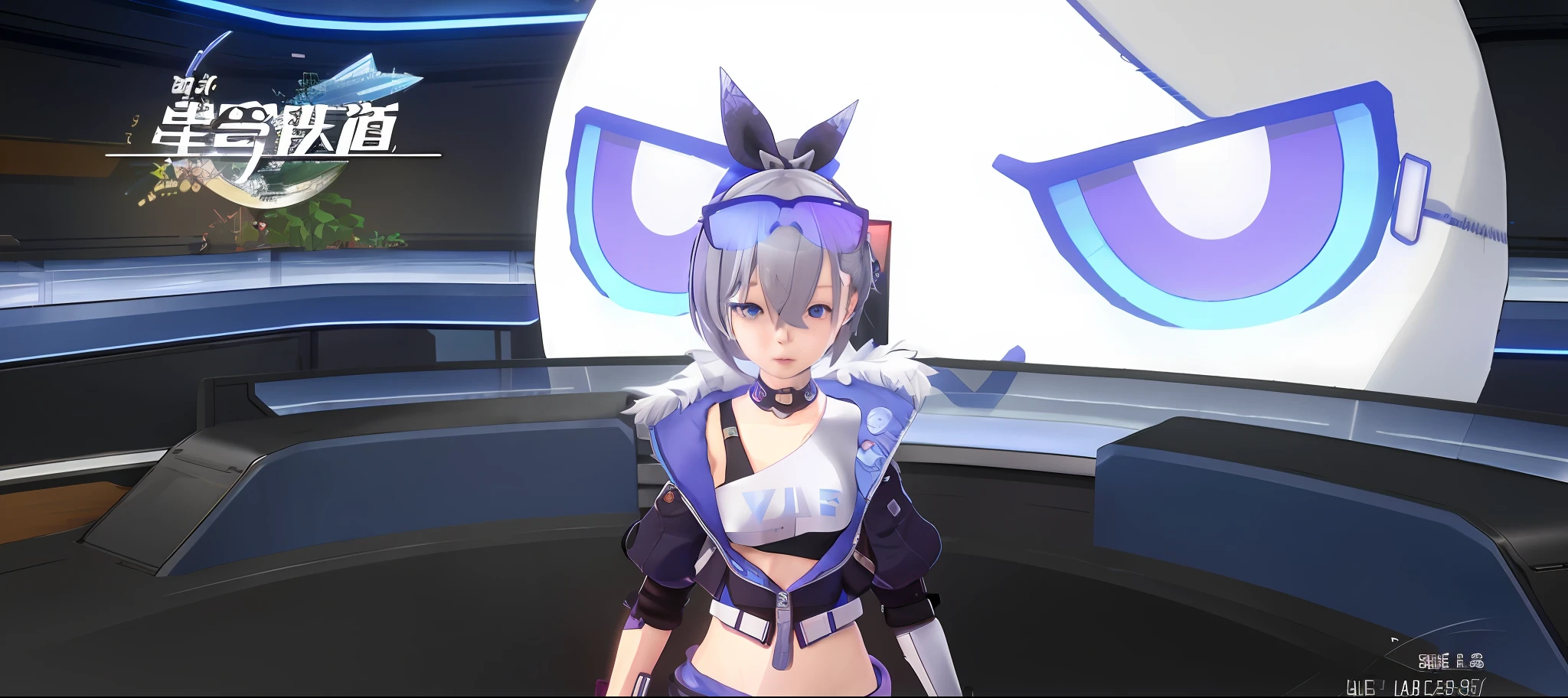 Anime characters in futuristic environments, big blue eyes, from Azure Lane video games, Azure Lane style, katana zero video game characters, Ayaka Genshin Impact, wearing cybernetic rabbit ears, nano girl 2, Live2D virtual YouTuber model, 8 K character details, completely robot!! Catwoman, Silver Wolf