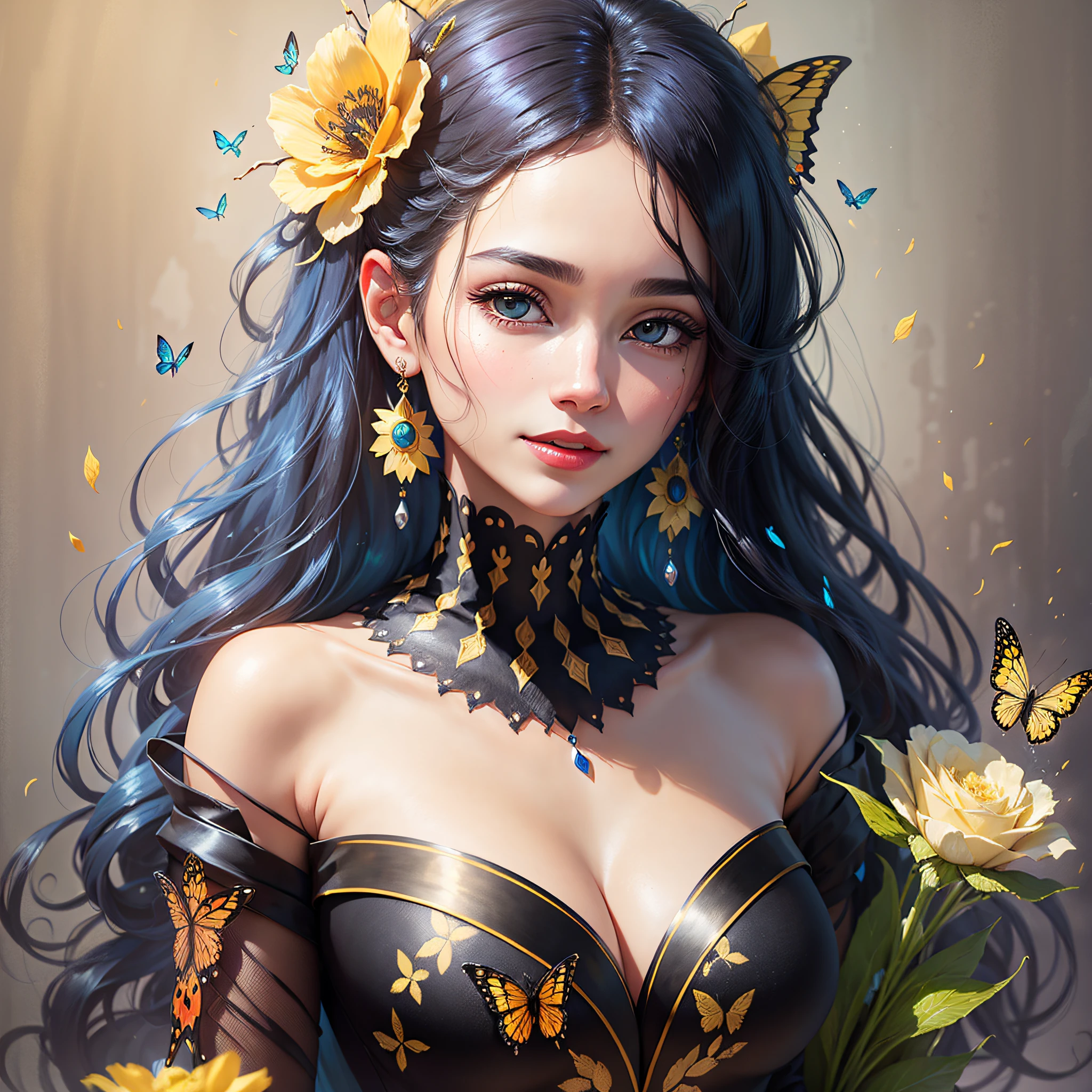 Smooth hair, jewel-like black eyes, delicate and elegant yellow gauze dress, broken feeling, red lips, butterfly headdress, thorns, yellow roses, flowers, super detailed, highest quality, masterpiece, masterpiece, ultimate detail, peerless beauty, 4k picture quality, CG painting style, gorgeous light and shadow, messy hair, delicate hairstyle, delicate facial features, delicate hair portrayal, (original painting), earrings, blush, petals, diamonds, water droplets, pearls, butterflies, powder blue hair, smile, sweet --auto --s2