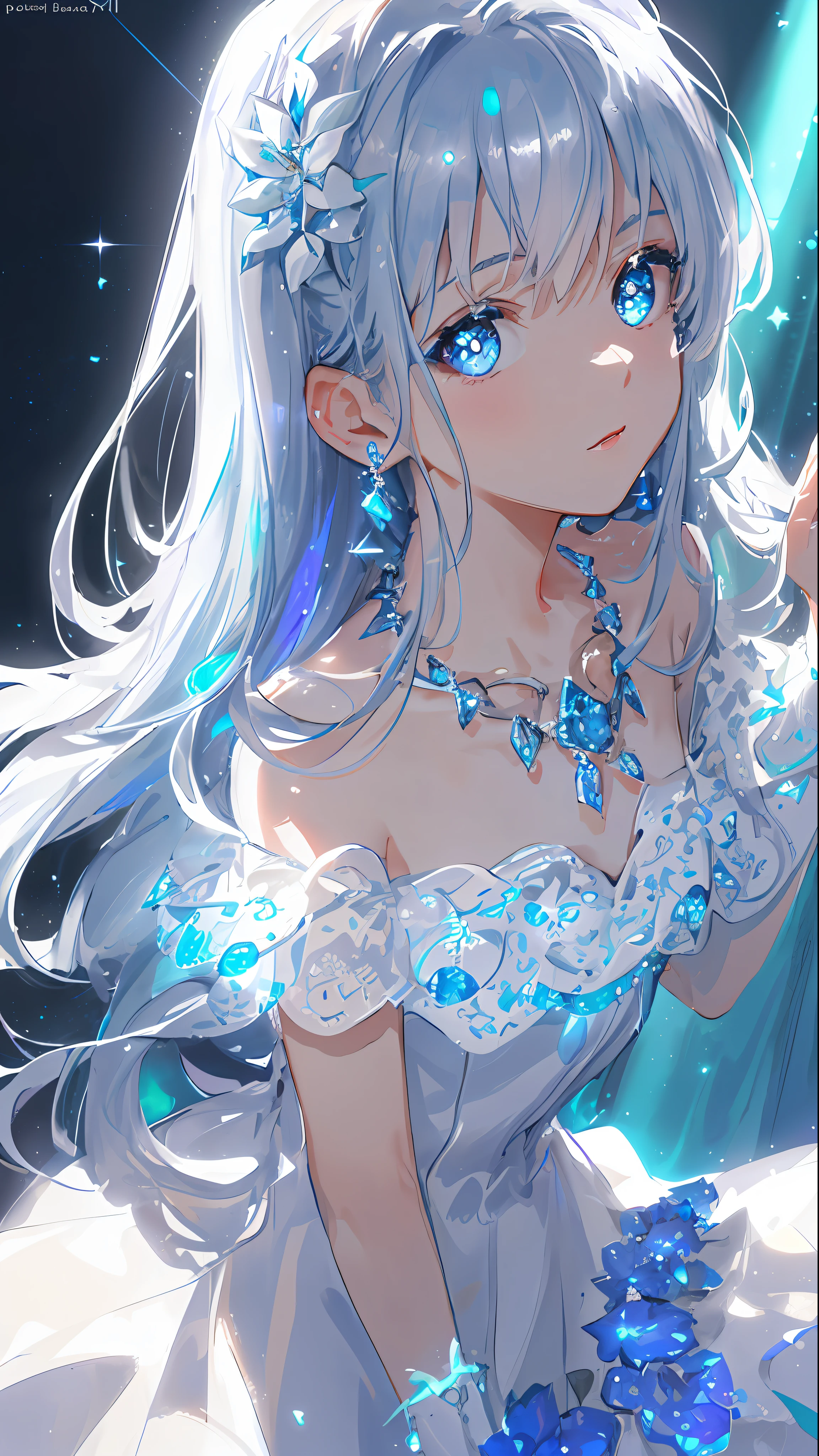 masterpiece, best quality, illustration, sax blue, platinum earrings, platinum necklace, white dress, 1girl, cute, (dynamic lighting:1.2), cinematic lighting, delicate facial features, detailed eyes, sharp pupils, realistic pupils, depth of field, bokeh, sharp focus, (hyper-detailed, bloom, glow:1.4), many small gems