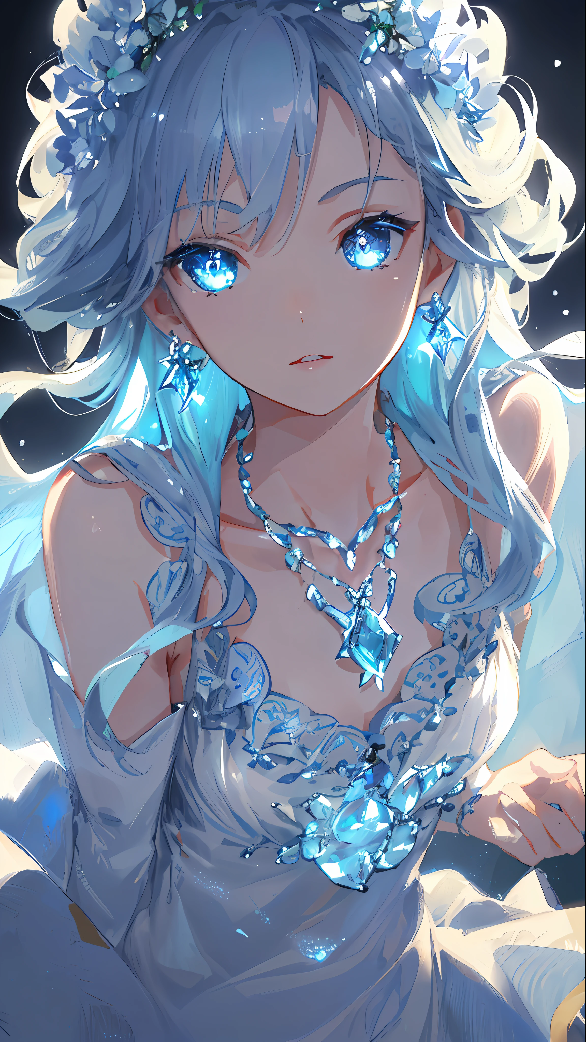 masterpiece, best quality, illustration, sax blue, platinum earrings, platinum necklace, white dress, 1girl, cute, (dynamic lighting:1.2), cinematic lighting, delicate facial features, detailed eyes, sharp pupils, realistic pupils, depth of field, bokeh, sharp focus, (hyper-detailed, bloom, glow:1.4), many small gems
