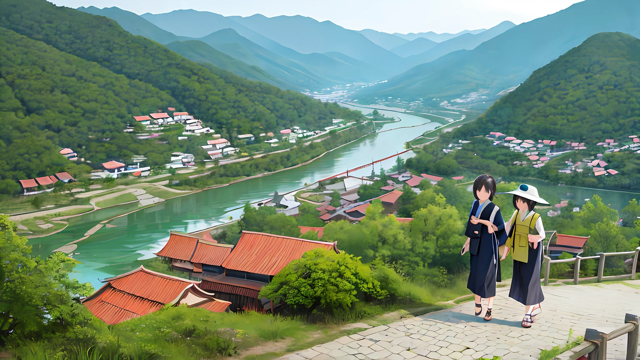 best quality, (theme), 35mm, village, on mountain, river, chinese architecture, street for a couple walking,