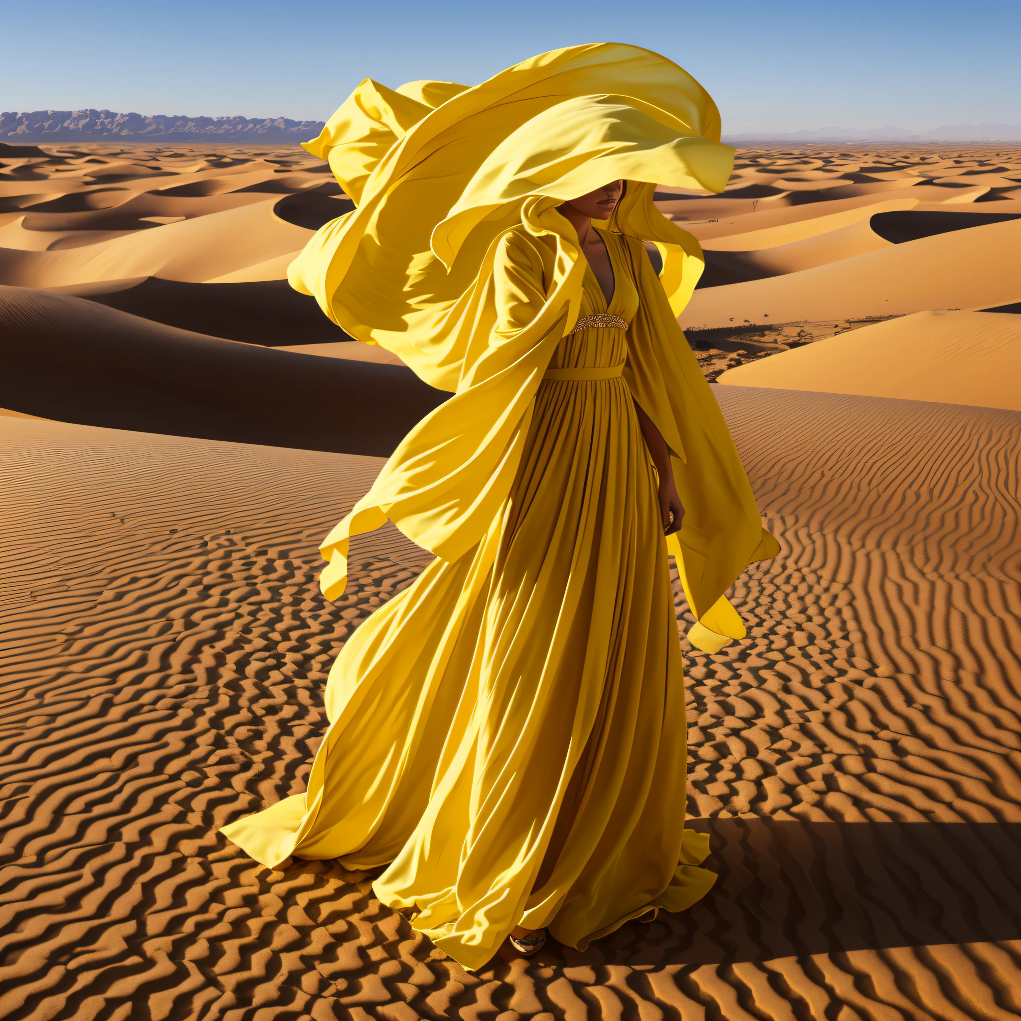 araffe woman in yellow dress standing in desert with yellow shaw, dressed in long fluent skirt, wearing a flowing dress, lady using yellow dress, flowing dress, desert wind, in desert, flowing gown, standing in the desert, with yellow cloths, editorial fashion photography, standing in sand, standing in desert, high - end fashion photoshoot, beautiful yellow woman --auto --s2