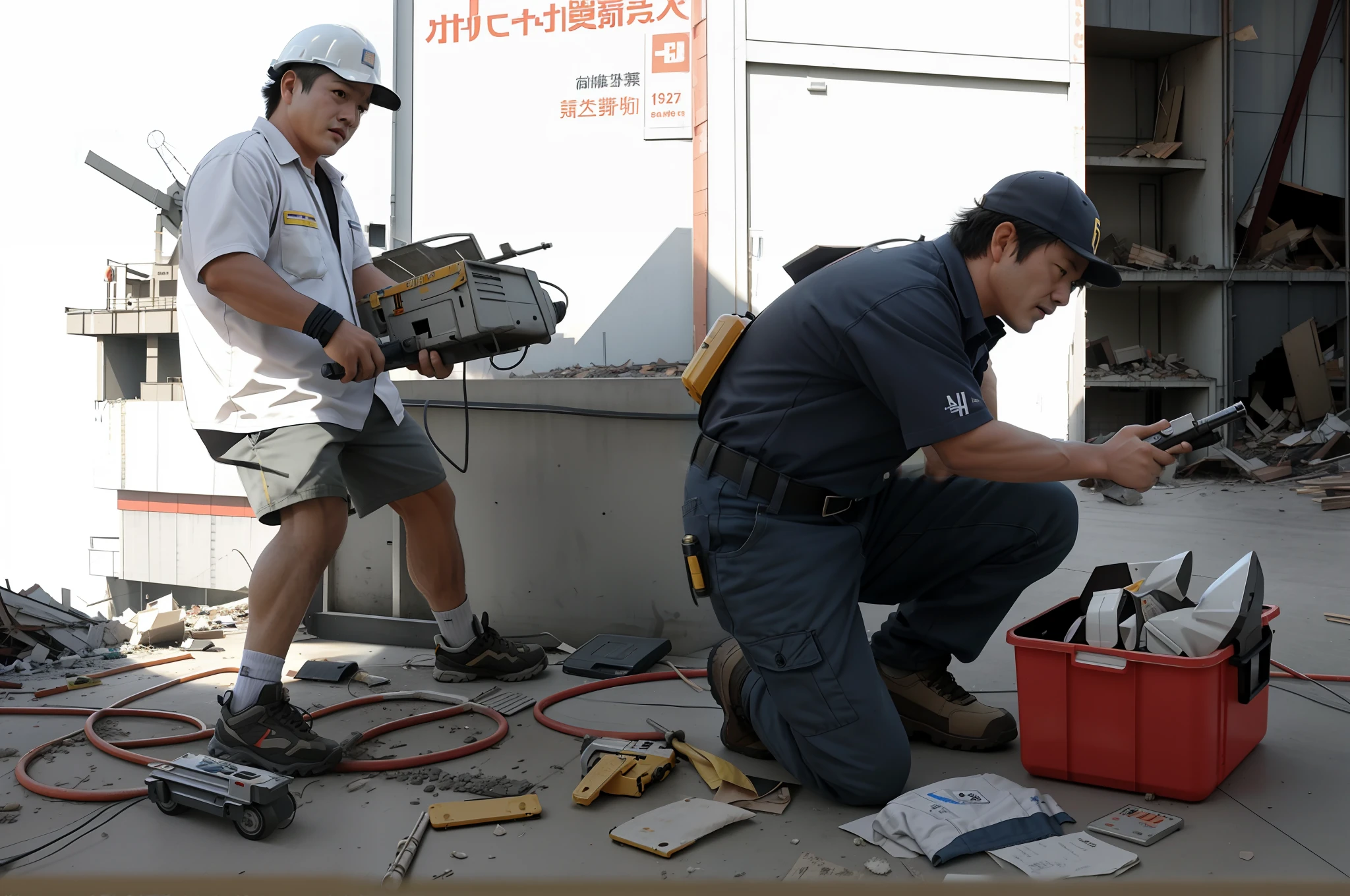two men in construction gear are working on a building, workers, advertising photo, promo image, accurate portrayal, maintenance, still from a live action movie, extreme drama, parody work, shinji higuchi and tomoki kyoda, professional work, demolition, disaster photography, journalism photo, scene from live action movie, promo photo, tatsuro kiuchi, promo still
