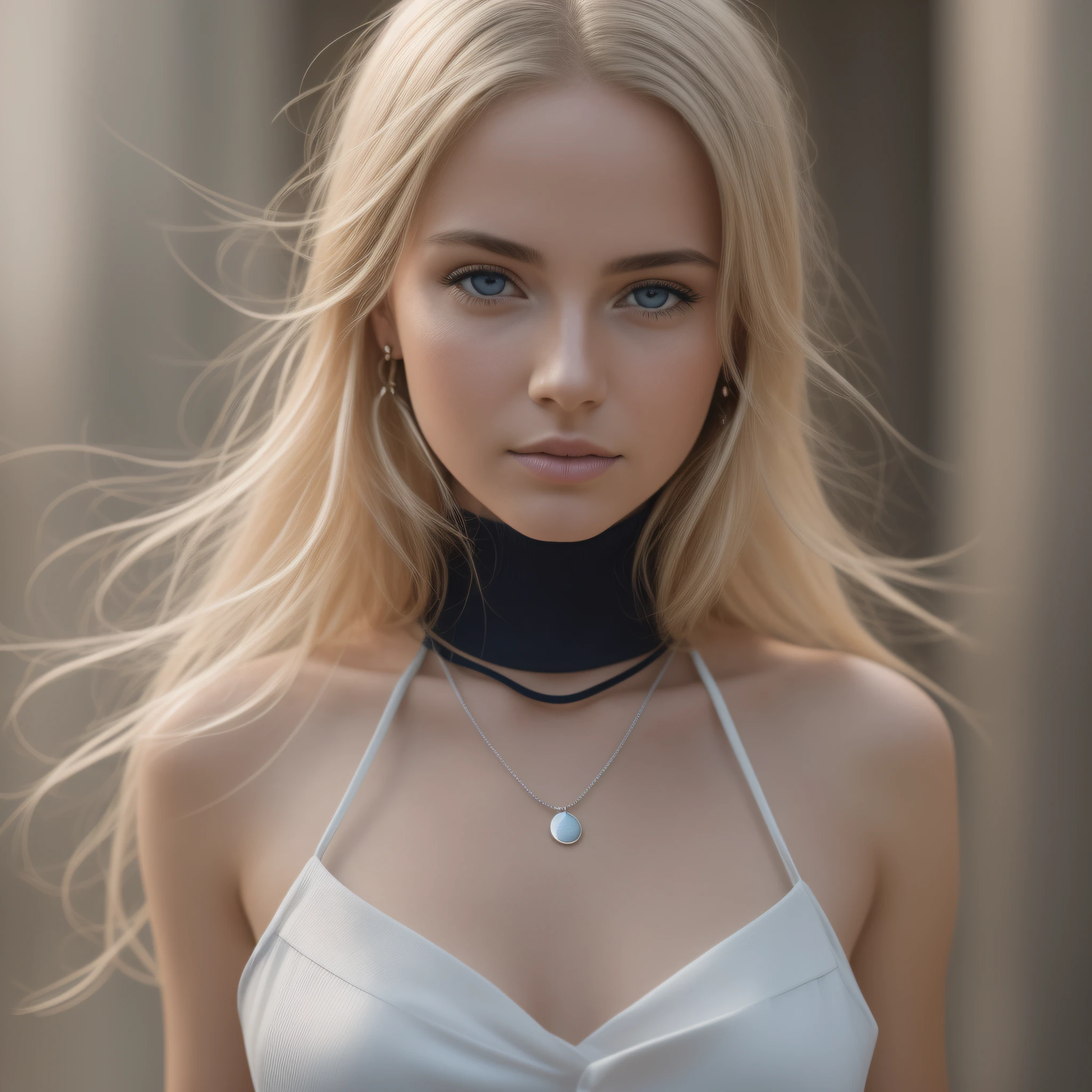 Slender, young, short blonde hair, blue eyes, in town, natural skin texture, 24mm, 4K textures, soft cinematic light, RAW photography, photorealistic, photorealistic, complex, elegant, highly detailed, sharp focus, (((cinematic look))), calm Tone, Insane Detail, Complex Detail, Ultra Detail, High Contrast, Soft Cinematic Light, Dim Colors, Exposure Blending, HDR, Faded, Cold, Waist Thin, Well-Proportioned, (8k, 4k, Top Quality, Hi-Res: 1.1), (Realistic, Photorealistic: 1.1), Girl 1 People, Solo, Face, Twin Tails, Blonde Hair, Bangs, Long Hair, Necklace, Earrings, Lips, Eye Shadow, Jewelry, (Viewer Looking For: 1.8), Spaghetti Straps, Detail, High Contrast, from_side, srfc, stunning complex full color portrait, wearing black turtleneck, spectacular character composition, by Ilya Kubushinov, Alessio Albi, Nina Masic, sharp focus, natural light, sub-surface scatter, f2, 35mm, film grain