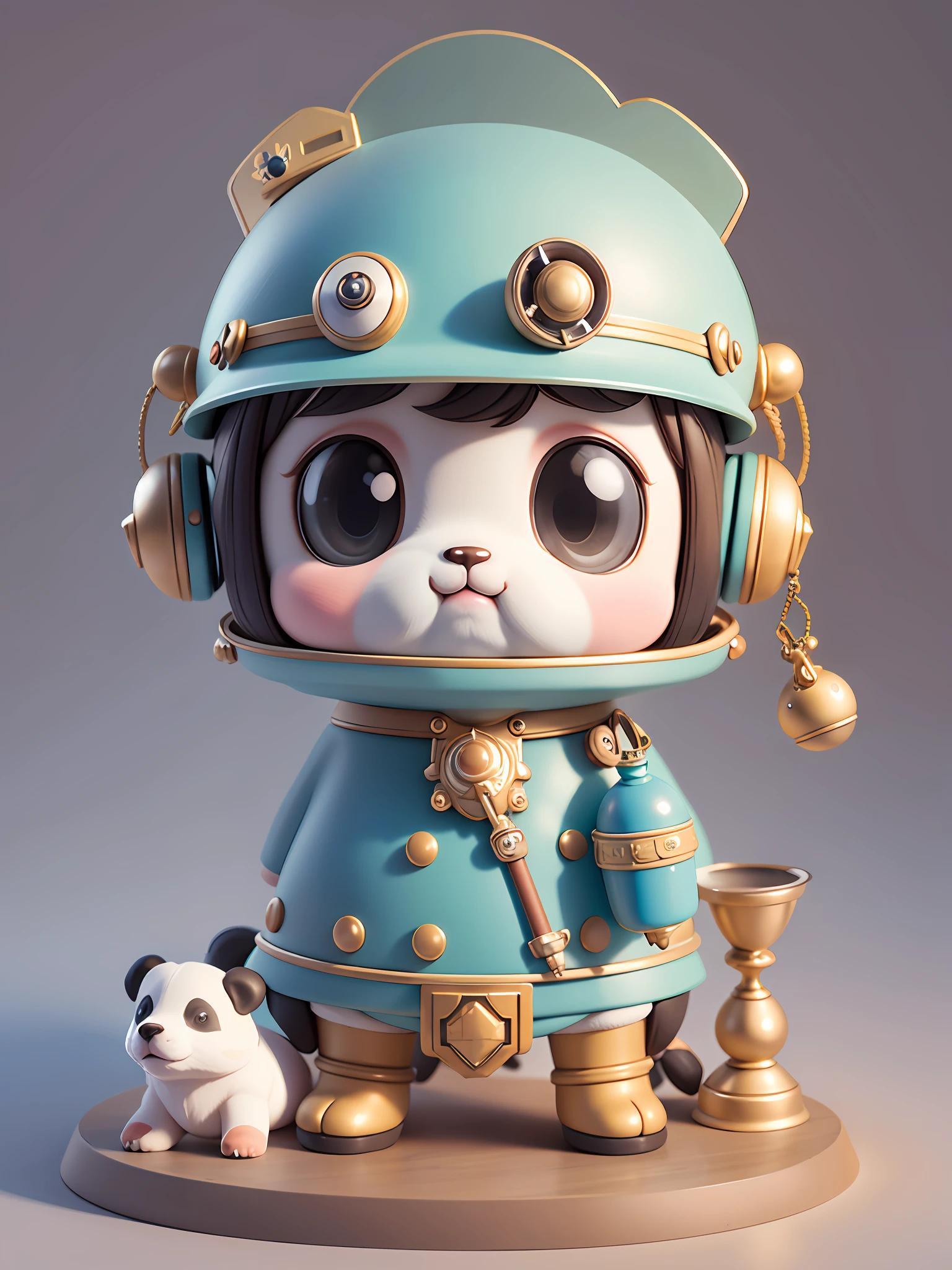 There is a puppy with helmet and helmet, dwarf, cute 3d rendering, puppy looking up, portrait anime space cadet panda, cute 3d anime puppy rendering, cute detailed digital art, explorer mini cute puppy, 3d rendering stylized, 3d rendered character art 8k, cute digital painting, anime style 3d, super detailed rendering