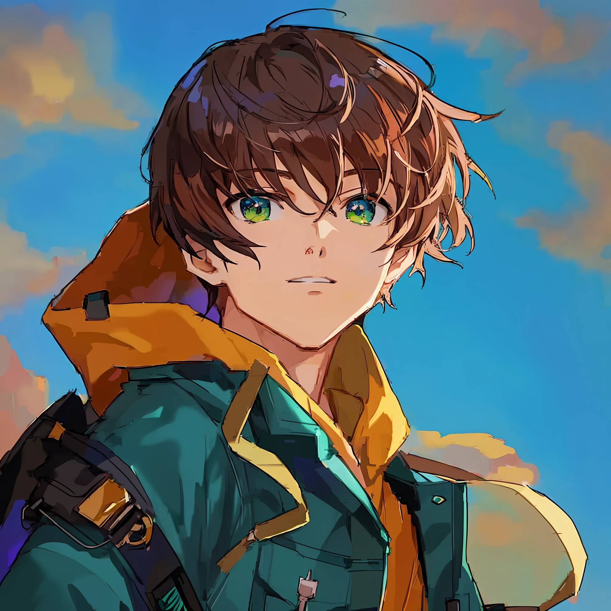 Anime boy with green eyes and yellow jacket, Makoto Shinkai (Apex Legends), anime boy, high quality anime art style, epic anime style, detailed anime character art, anime style characters, studio with anime painter, female anime character, realistic anime art style, young anime person, male anime style, detailed digital anime art, anime style portrait, anime art style