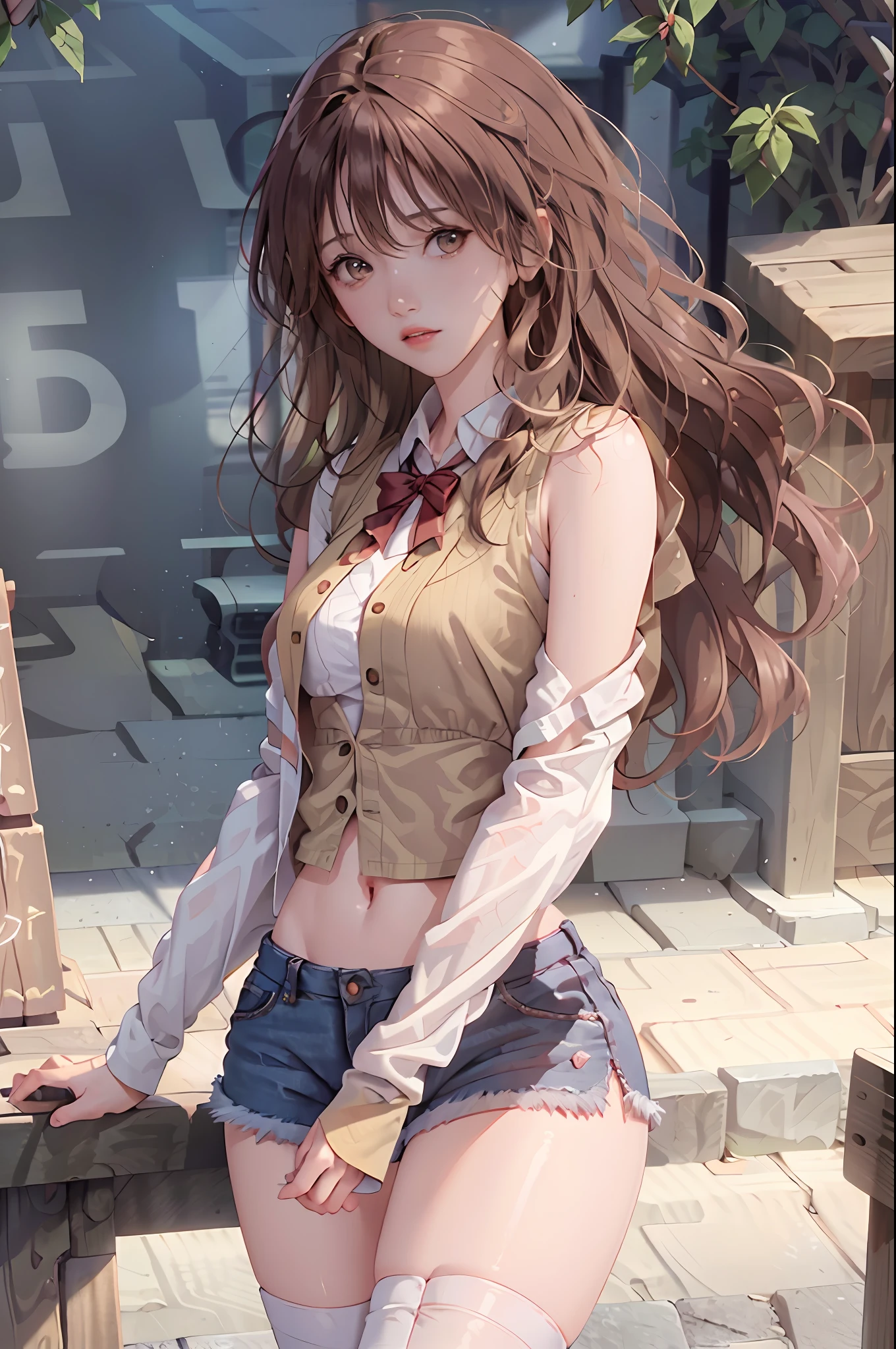 ((medium , tomboy girls, small head)), daylight, sunlight, (chiseled abs : 1.1), (perfect body : 1.1), (short wavy hair : 1.2) , auburn hair, collar, chain, full body shot, crowded street, wearing black tanktop, jeans jacket, ((shorts)), (extremely detailed CG 8k wallpaper), (an extremely delicate and beautiful), (masterpiece), (best quality:1.0), (ultra highres:1.0),  beautiful lighting ,perfect lightning, realistic shadows, [highres], detailed skin, ultra-detailed