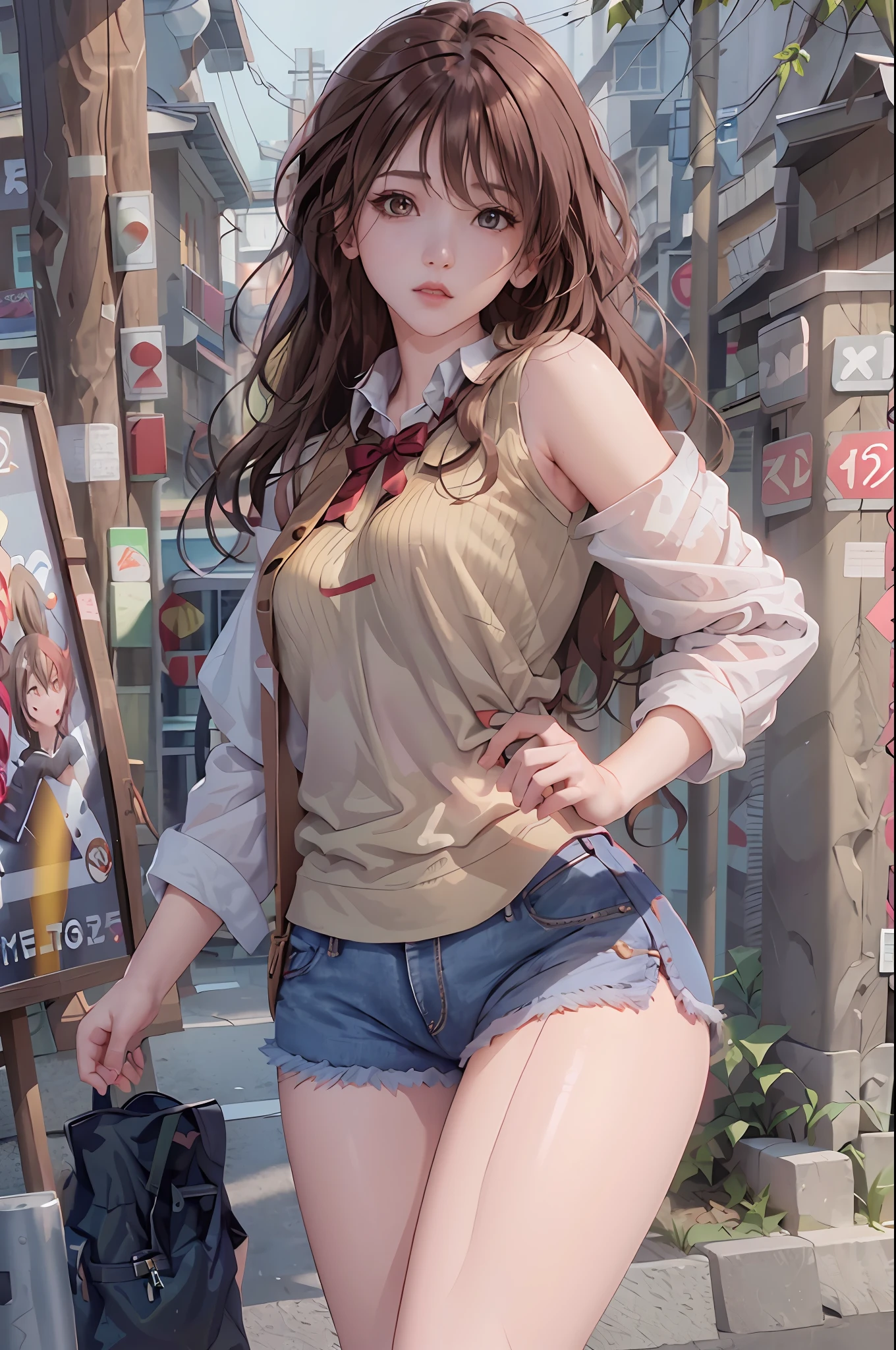 ((medium breast, tomboy girls, small head)), daylight, sunlight, (chiseled abs : 1.1), (perfect body : 1.1), (short wavy hair : 1.2) , auburn hair, collar, chain, full body shot, crowded street, wearing black tanktop, jeans jacket, ((shorts)), (extremely detailed CG 8k wallpaper), (an extremely delicate and beautiful), (masterpiece), (best quality:1.0), (ultra highres:1.0),  beautiful lighting ,perfect lightning, realistic shadows, [highres], detailed skin, ultra-detailed