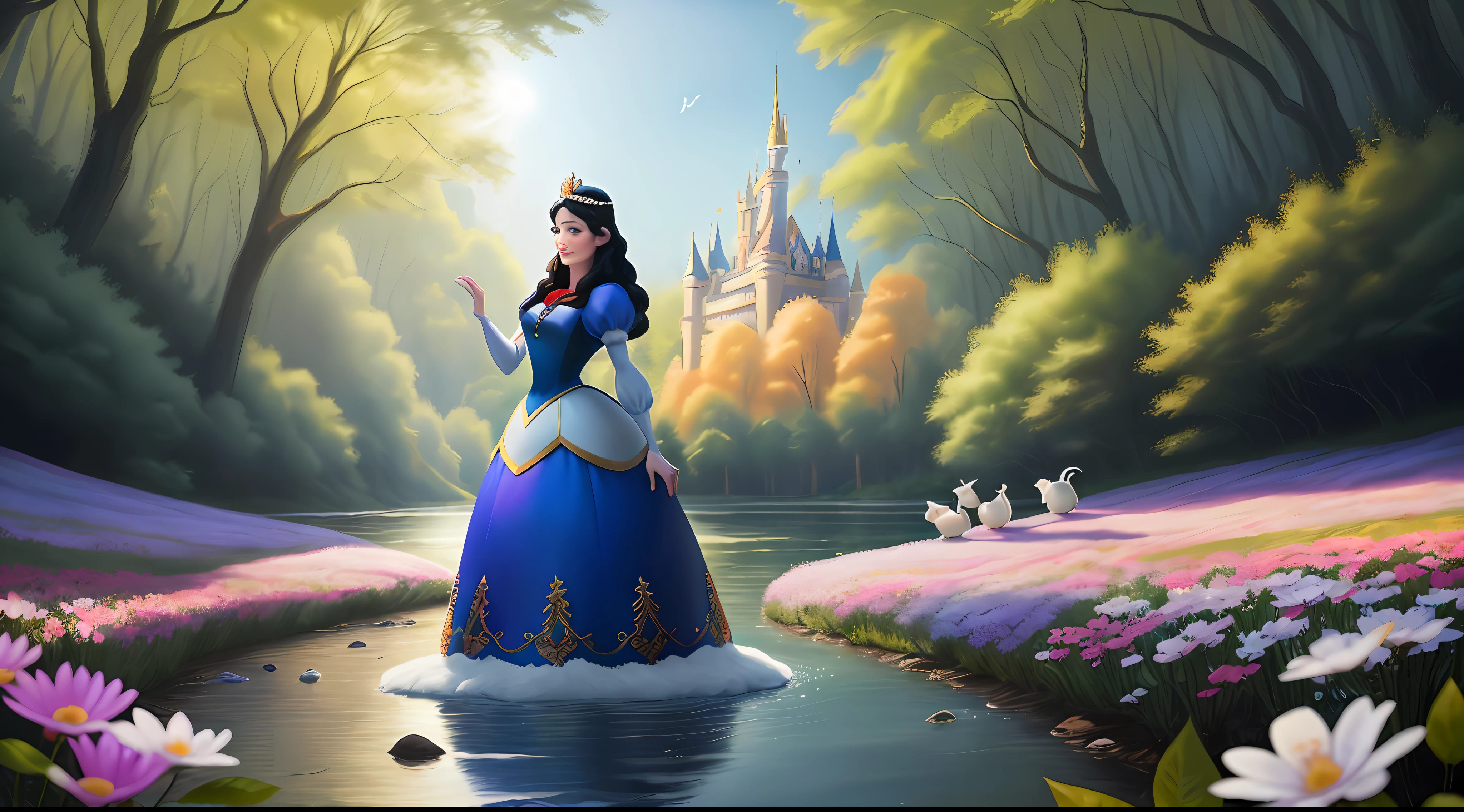 a middle-aged Disney Princess Snow White wearing a crown in the woods with many cute animals near her, dancing first-person view. Many flowers of various colors. A sunny day. with a river and a fairytale castle in the background. Walt Disney cartoon style., nervous, nervous smile, Wide-Angle, f/2.8, Canon, masterpiece