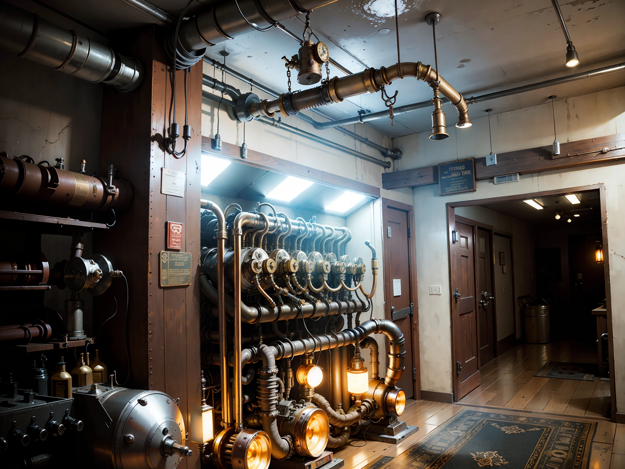 A steampunk-style room, vintage mechanical texture, exhaust holes, smoke, spray, vintage metal, metal walls, complex twisted pseudopipes and valves, HD, 8K, realism, dark yellow light