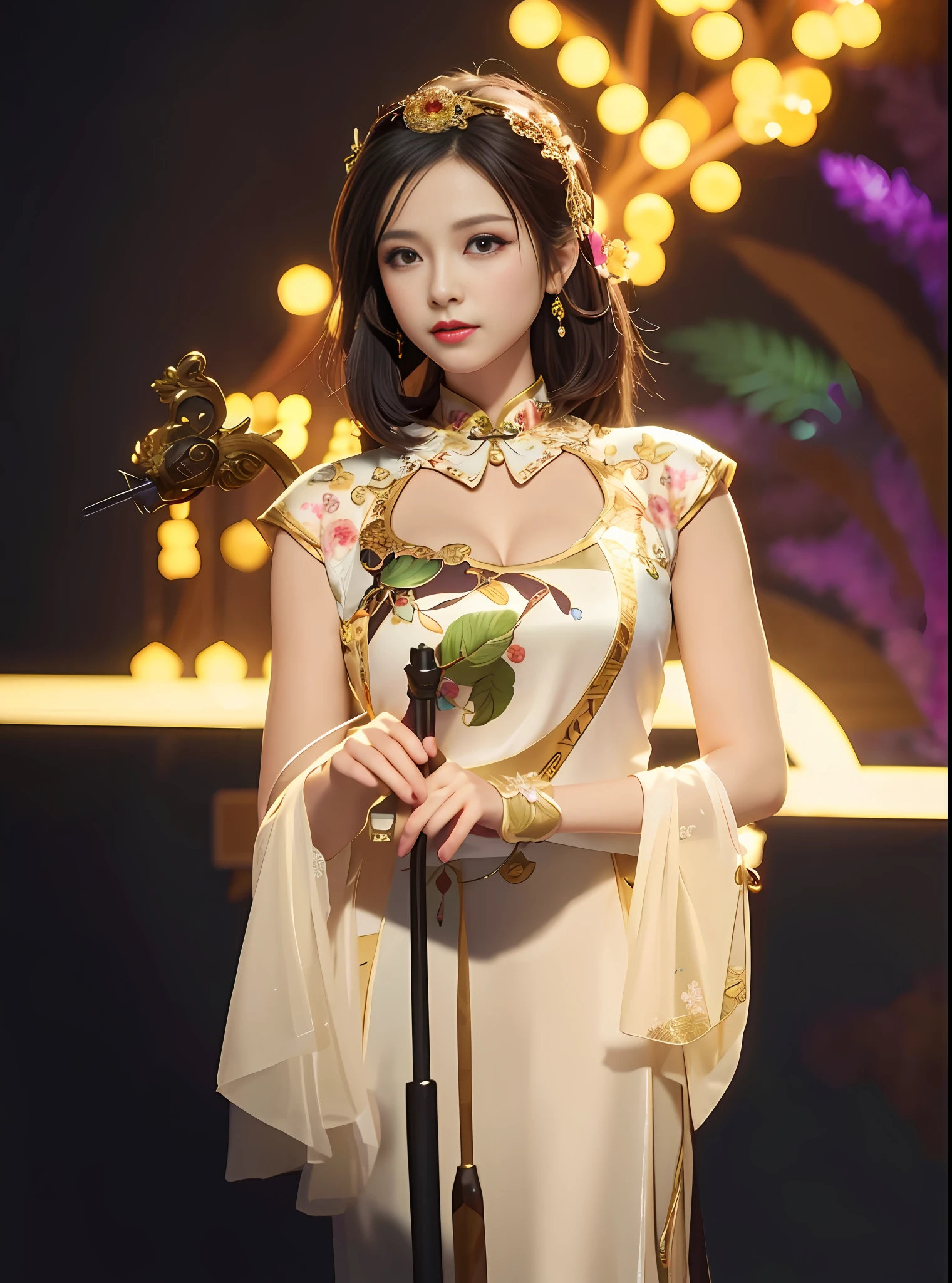 Realistic, high resolution, 1 girl in gorgeous cheongsam, fur, (raw photo:1.4,intricate ultra-detailed costumes: 1.4, extremely gorgeous costumes, in the dark: 1.4, deep shadows), 1930s Shanghai, spotlight, vintage microphone, neon, masterpiece, perfect anatomy, perfect face, abstract beauty, illustration, best quality, (official art, extremely detailed CG Unity 8k wallpaper), highly detailed, absurd, 8k resolution, (((realistic))), (((realistic))), popular on art stations