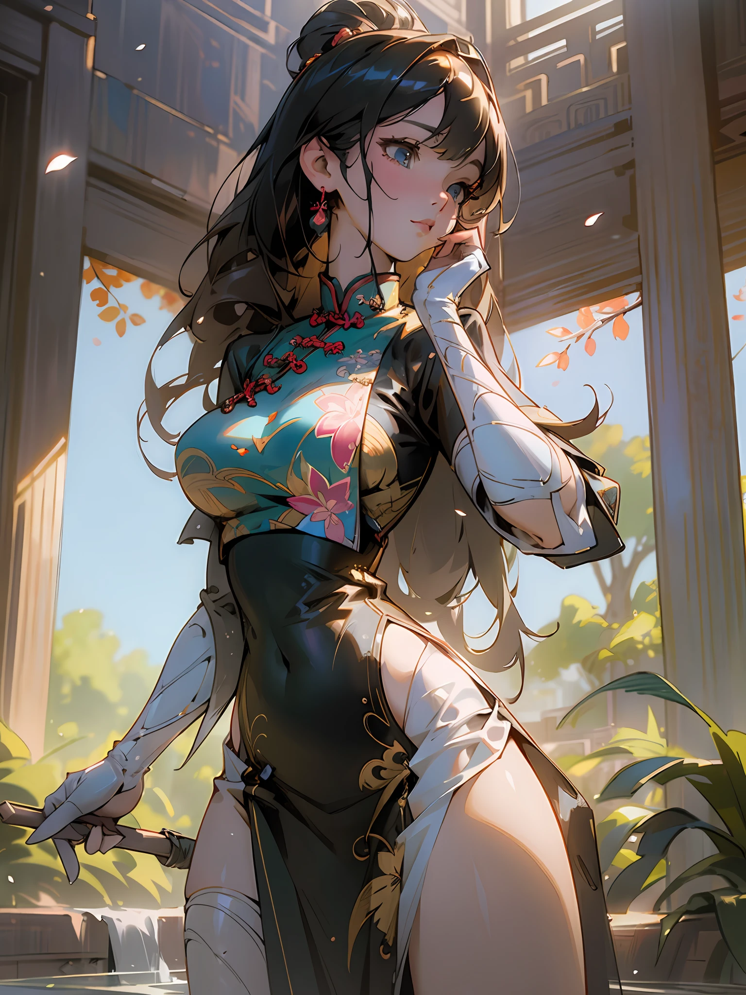 (photorealistic:1.3),(hyperrealistic:1.3),(extremely detailed CG unity 8K wallpaper),(beautiful and clear background:1.2), detailed background, (rim lighting, spot lighting:0.75), ((good anatomy)),fashion model, (finely detailed face and beautiful eyes),(cowboy_shot:1.3),dynamic angle,
(1girl), solo,chinese clothes, china dress,wet clothes, large breasts, huge ass, cool & sexy \(idolmaster\),, looking away,
petals,reflection light,out door,warm light,