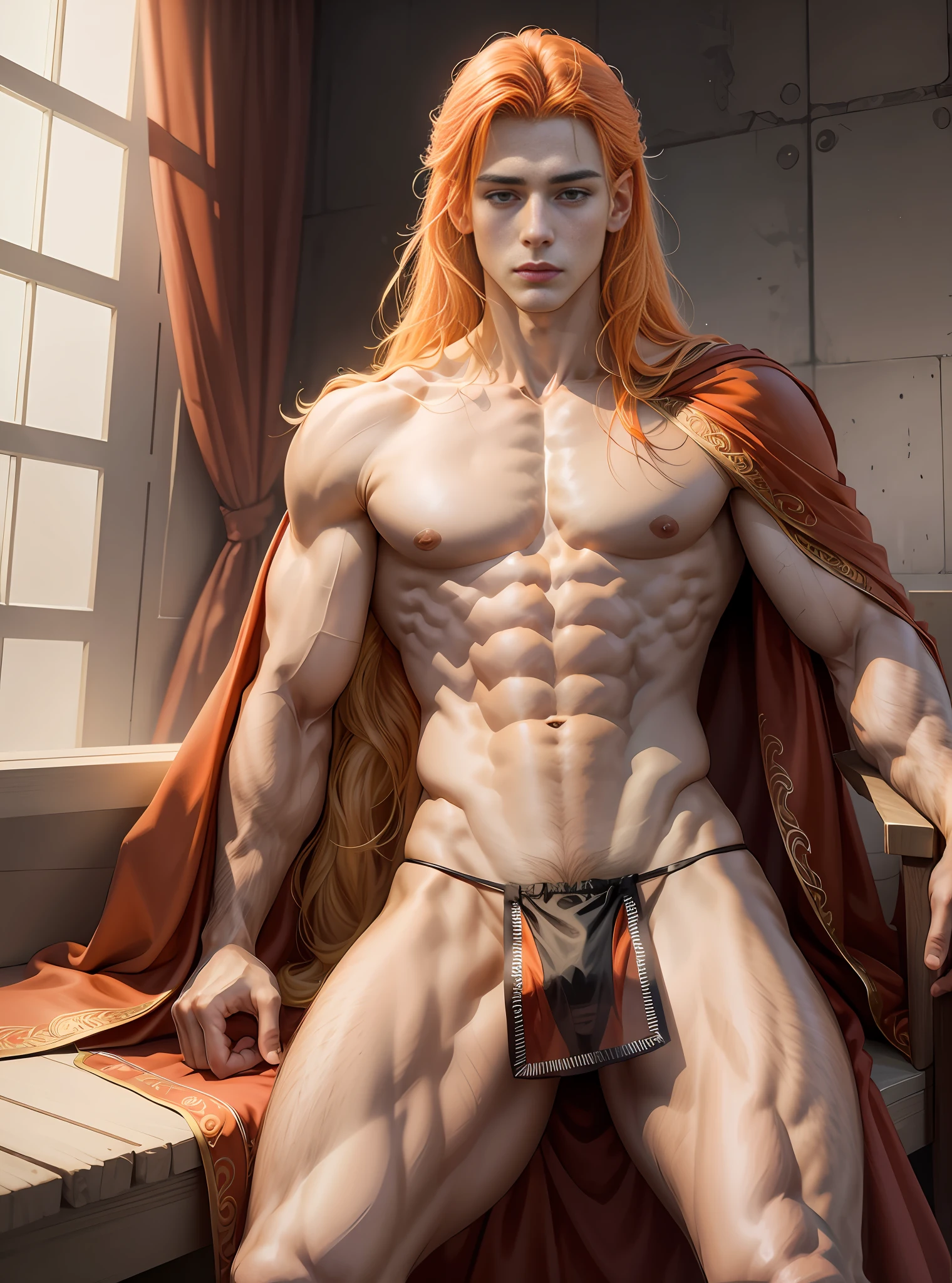 (hyper-realistic digital illustration), (perfect face:1.1), (high detail:1.1) like a renaissance sculpture, extremely handsome male, (naked body), wearing micro black tiny g-string, see-through black thong, mage long red robes, clean shaved, front view, lying on his back, holding legs raised, athletic body, (white skin), bare chest, flat chest,(long orange hair scruffy ), serene expression, small waist, muscular. best quality, high-resolution