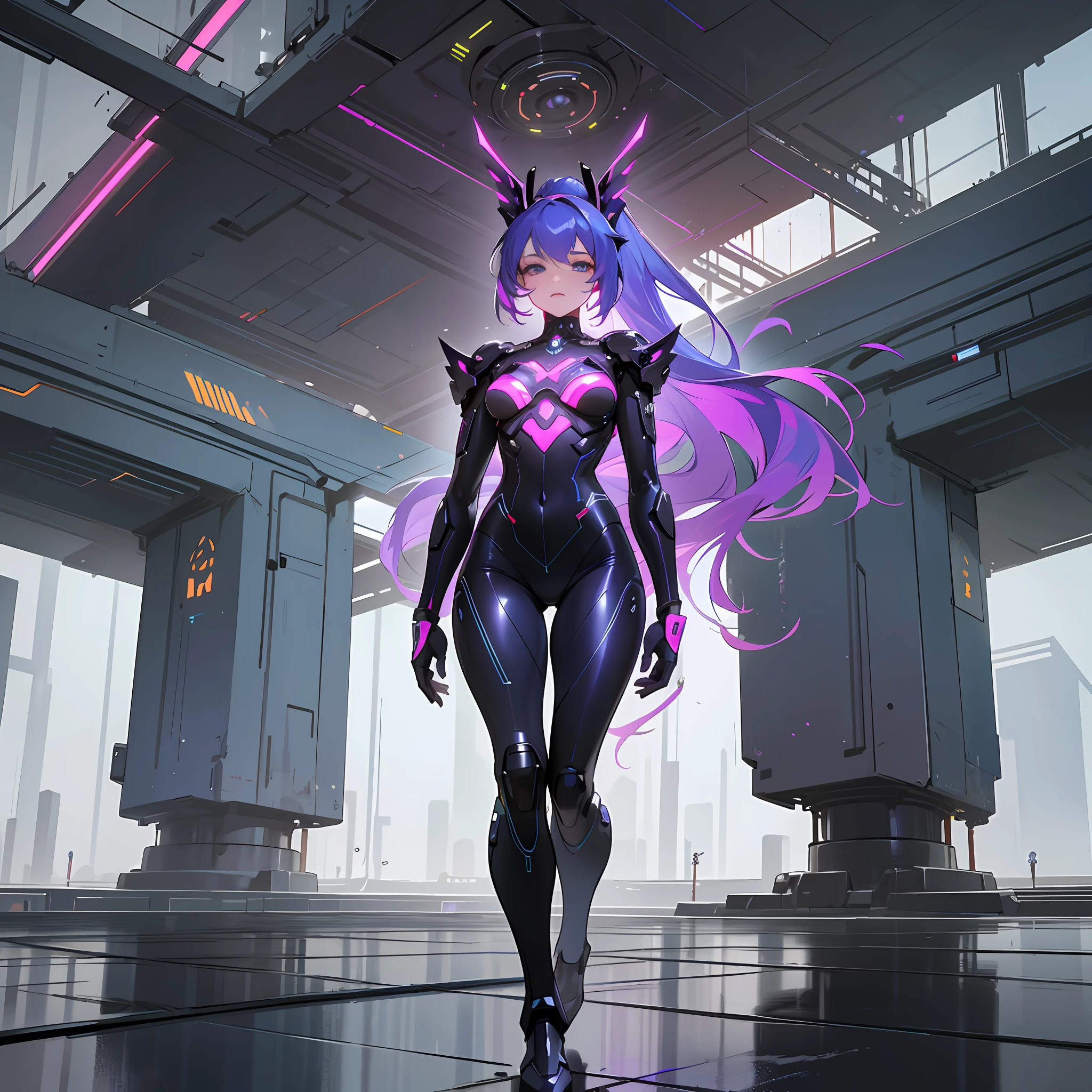 (Epic scene) (Full body) ponytail, multicolored hair, purple hair, blue hair, tattooed face, deep look, extremely long hair, elegant black bodysuit, metallic armor, shiny circuits, shiny tattoos, luminescent veins, virtual reality interface, dystopian environment, biomechanical wings, intricate cybernetics, neon green details, smoke and fog effects, high contrast shadows, dramatic camera angles, technology-heavy atmosphere,  futuristic architecture, stunning details on the woman's face, surreal environment.