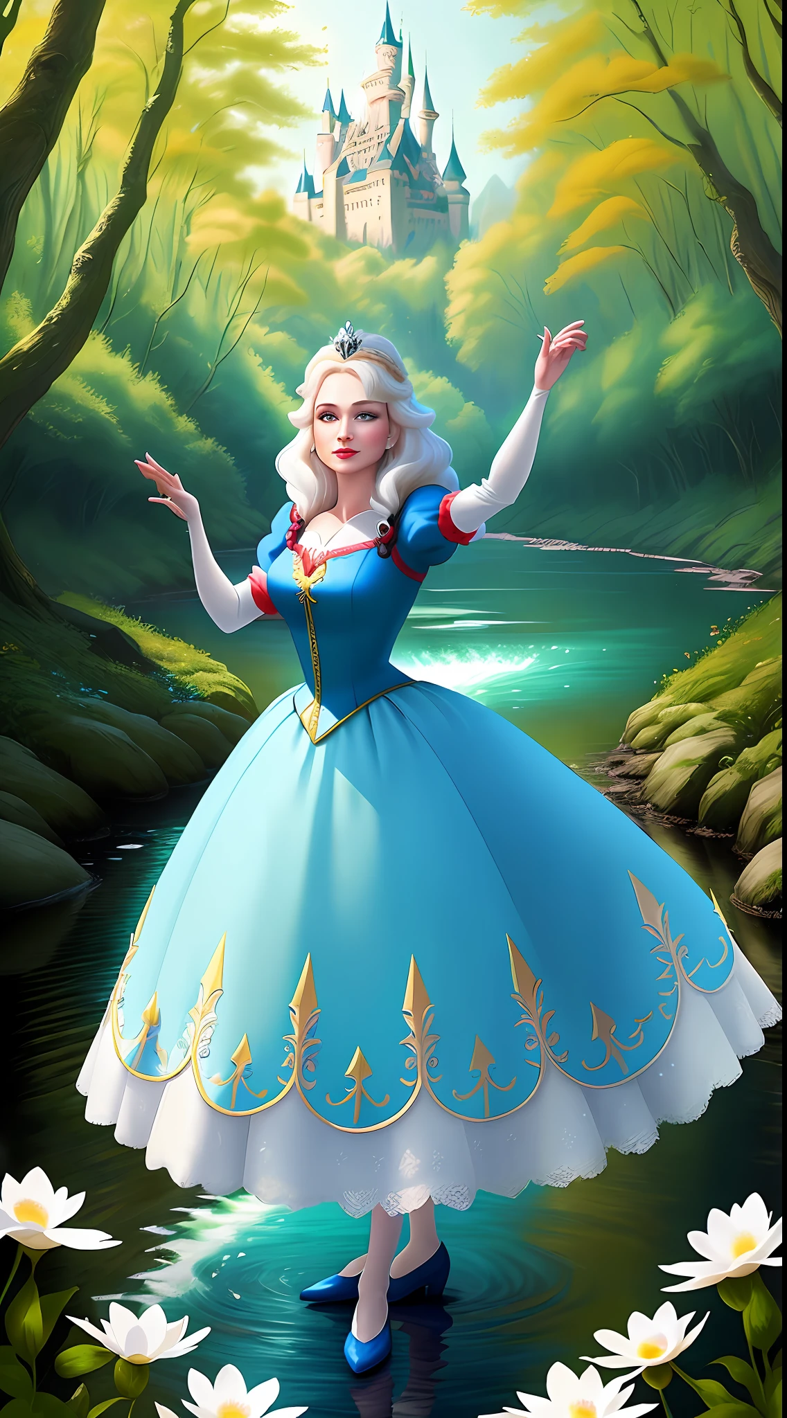 a middle-aged Disney Princess Snow White wearing a crown in the woods with many cute animals near her, dancing first-person view. Many flowers of various colors. A sunny day. with a river and a fairytale castle in the background. Walt Disney cartoon style masterpiece, blonde hair, multiple views, high contrast