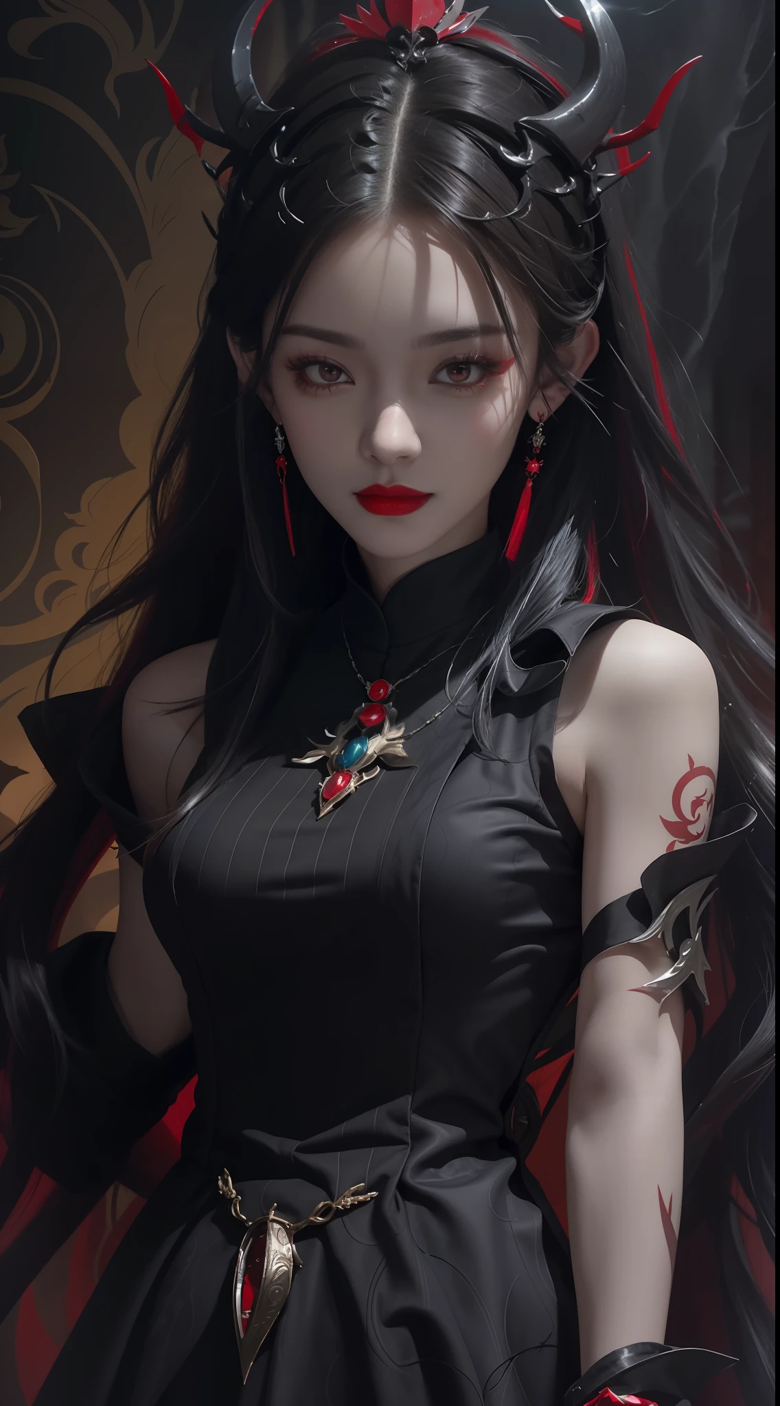 1 beautiful devil woman from hell, In the Dark: 1.6), surreal female portrait by David Hockney and Alphonse Mucha, fantasy art, korea doll, photorealism, dynamic lighting, artstation, poster, volumetric lighting, very detailed faces, 8k ultra, all body, Awarded, in the dark, deep shadow, low key, cowboy lens, (Red phoenix dress: 1.4), long hair, black hair, bust, luxurious palace, Royal style, devil crown, red eyes make up very sharp and detailed, The most beautiful face, big and regular breasts, Super realistic, chinese women's clothing, polo neck sweater, Charming smile, The eyes are very well made up, guweiz, devil style, loong, forehead mark, full body, 2 bangs braided hair, Red lips, Devil tattoo on shoulder, wearing a thin red and black robe, the landscape is overcast and thunderous, Cover your hands with thin black gloves,