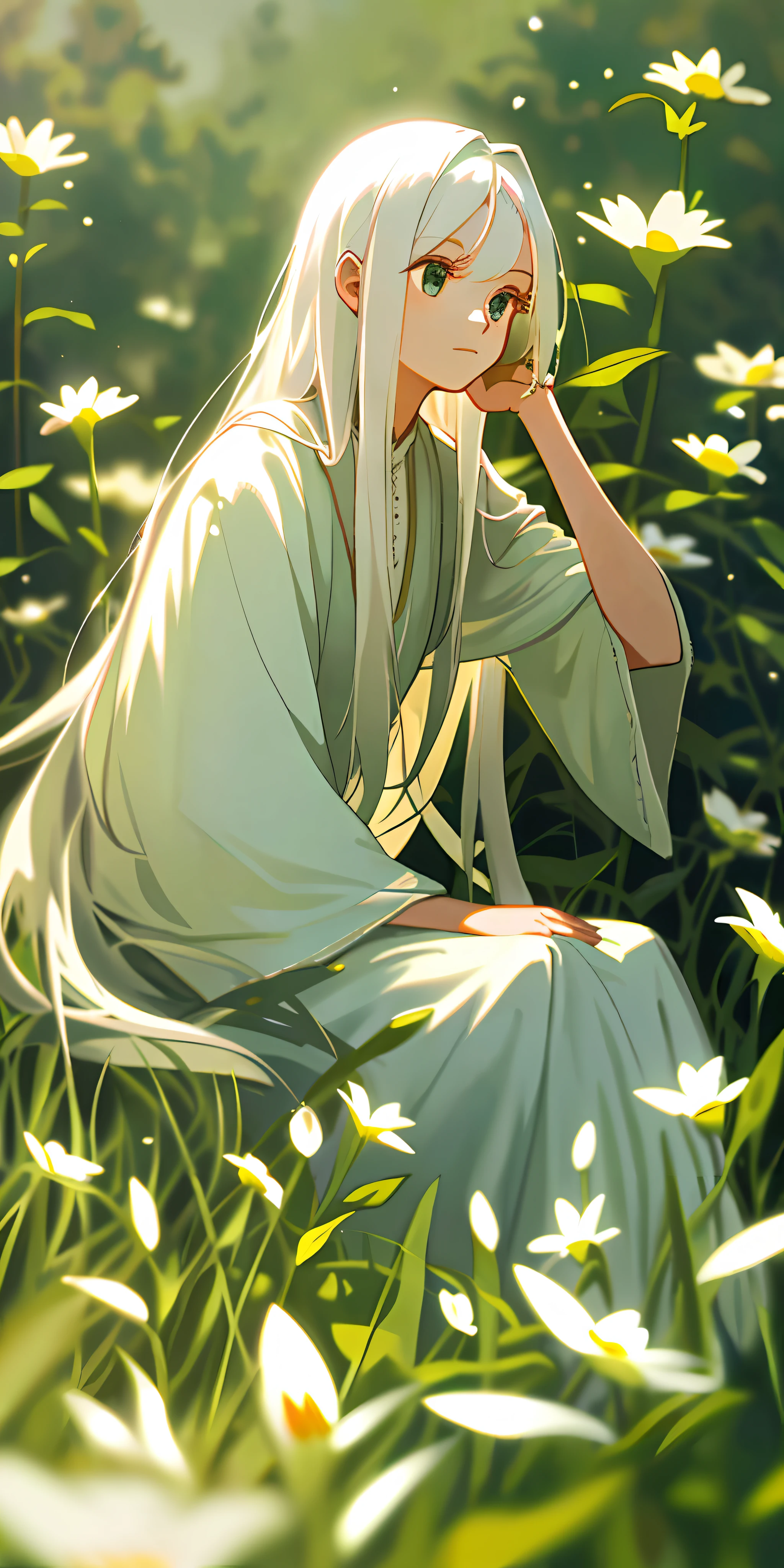 (Masterpiece, best quality), 1 long girl with white hair sitting in a field of greenery and flowers, her hands under her chin, warm light, no clothes, blurred foreground