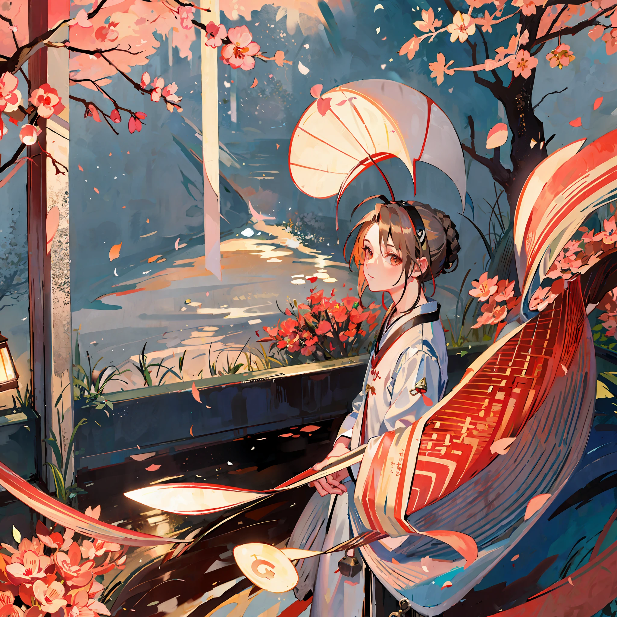 Boy, alone, period costume, canvas shoes, peach garden forest, Hanfu, spring day, lantern, picture enhancement, real light and shadow rendering