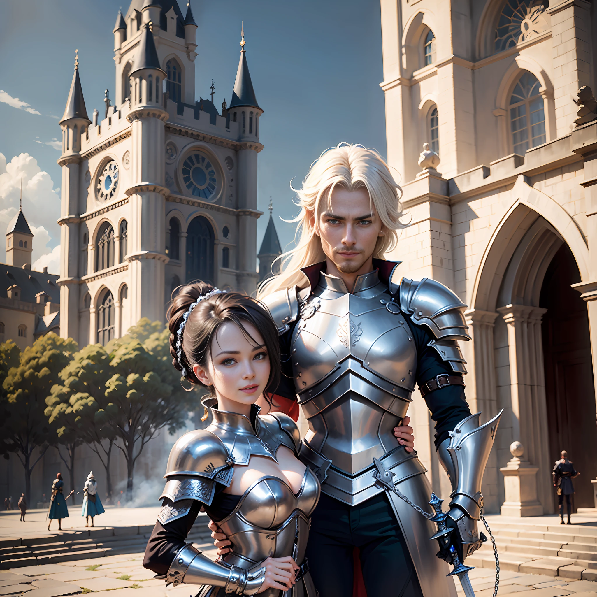 (((Medium shot))), couple, ((a man and a woman)), two individuals, big sword, battle, gorgeous background, dark castle in the background, ((big sword)), frolic, hilarious , sweet, happy, smile, colored armor, colored chain mail, colored armor, happy, pretty eyes, playful, surrealism, pov, romanticism, cinematic lighting, 8K, UHD, masterpiece, ccurate, anatomically correct, textured skin, high detail, high quality, high resolution, Award-winning, best quality, 16K, bad body, bad hands, bad legs.