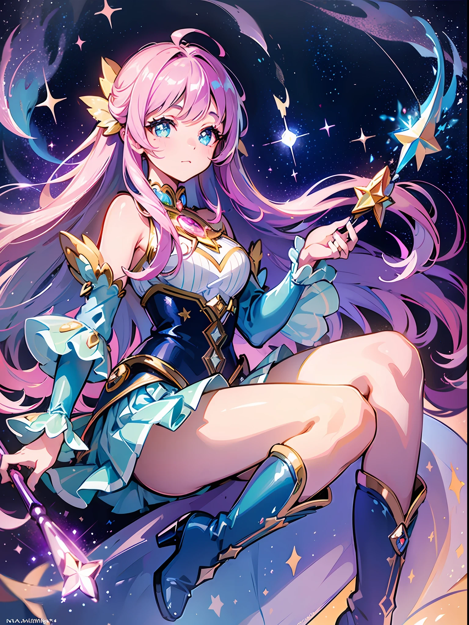 ((magical woman)), ((gorgeous starry sky background)), ((ultra-detailed)), ((best illustration)), ((cinematic lighting)), dynamic angle, floating, finely detailed, (glitter:1.2), (sparkle:1.2), (shine:1.2), classic, (painting:1.1), (sketch:1.1), (best quality), (masterpiece:1.2), (anime style), (solo), beautiful detailed face, (cute face:1.3), (big eyes:1.3), colorful hair, (long hair:1.2), (floating hair:1.2), (magical girl outfit), detailed outfit, (sparkling wand:1.3), (magical effects:1.3), (flowing skirt:1.2), (cute boots:1.1), (transparent fabric:1.1), (twinkle:1.2), (glow:1.2), (radiance:1.2), (flicker:1.2), (dazzle:1.2)