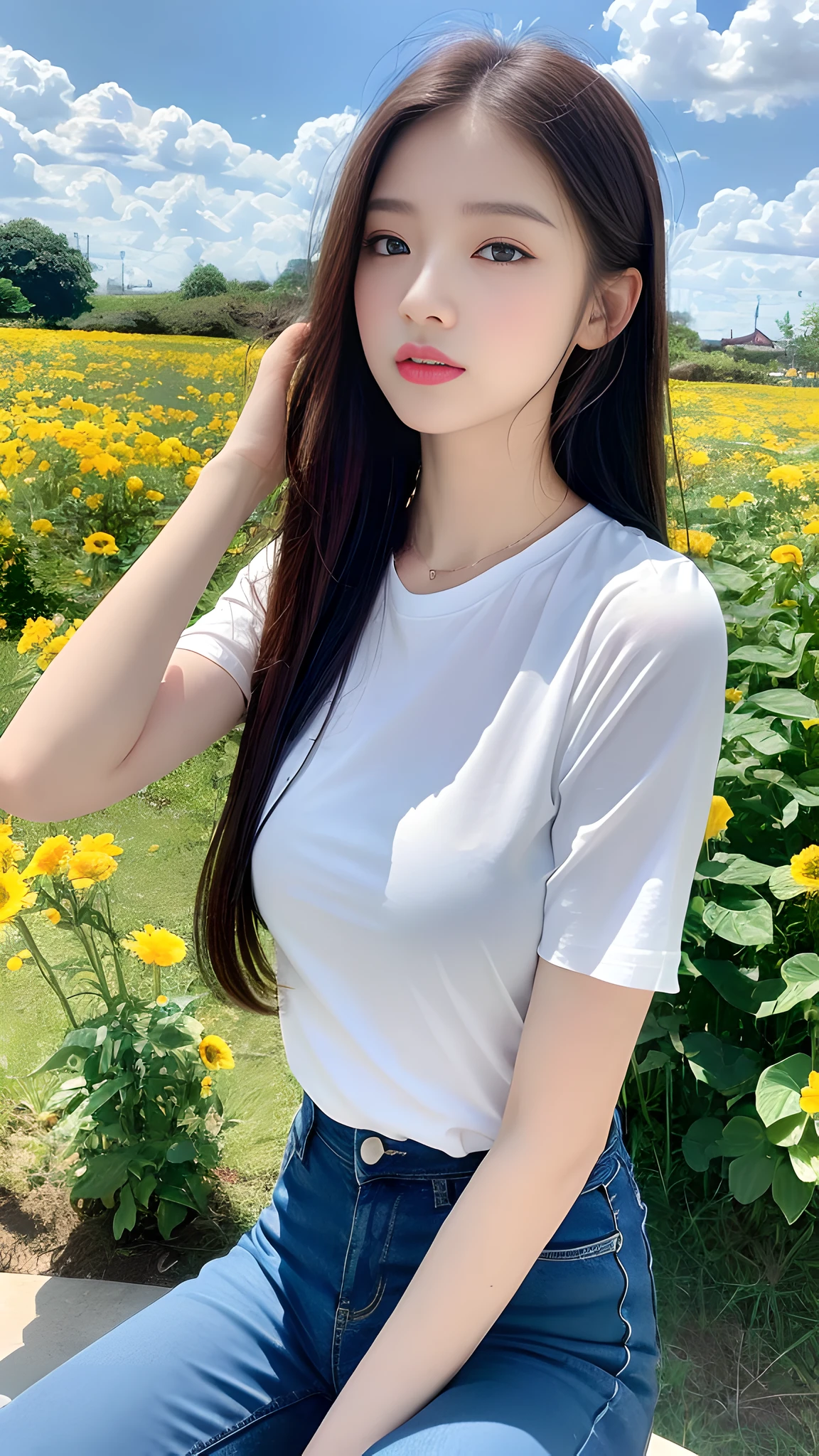 ((Best Quality, 8K, Masterpiece:1.3)), A beautiful girl, pure, melon face, gentle and cute, thin figure, facing (right), (head to right), lips closed, upper body leaning forward, T-shirt, wide-leg jeans, long hair shawl, black silky long hair, round black big eyes, clear big eyes, moist red lips, sweet, sitting, blue sky and white clouds, sunlight, flower background,