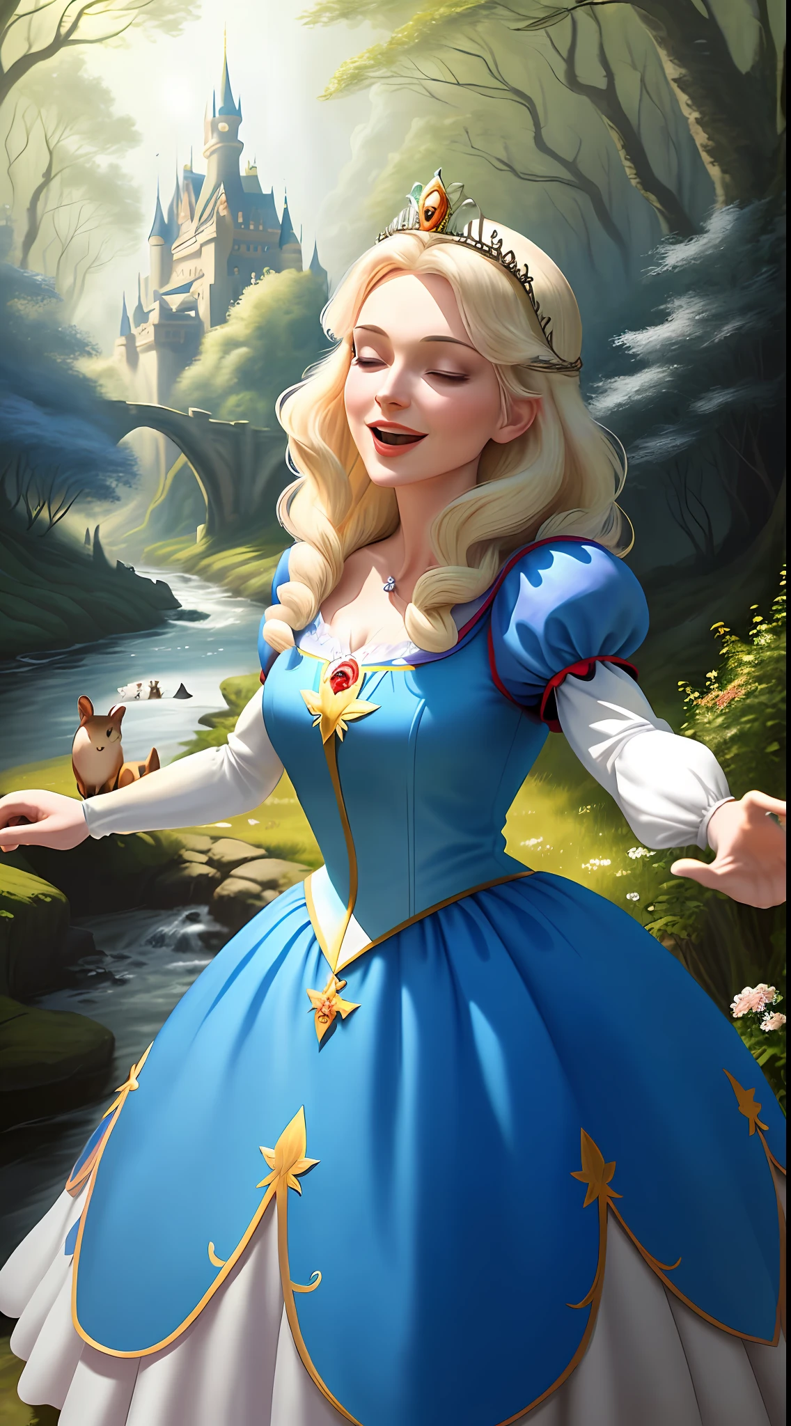 a middle-aged Disney Princess Snow White wearing a crown in the woods with many cute animals near her, dancing first-person view. Many flowers of various colors. A sunny day. with a river and a fairytale castle in the background. Walt Disney cartoon style masterpiece, blonde hair, smelling, open mouth, light smile, multiple views, multiple views