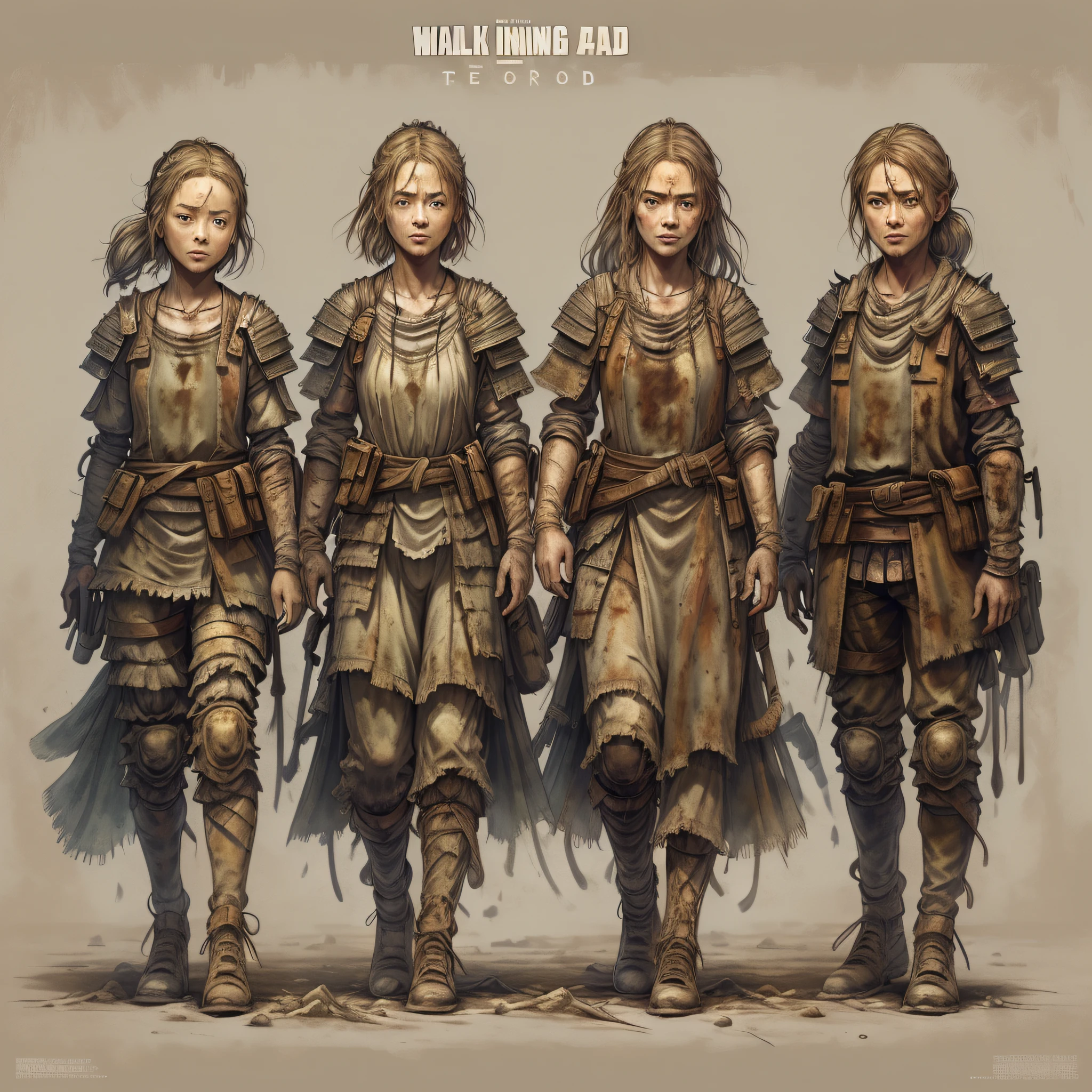 ((masterpiece))), (((best quality))), ((ultra-detailed)), (highly detailed CG illustration), ((extremely delicate and beautiful face)) cinematic light, absurd clothes, 1 smiling young woman, (((character sheet)), concept art, (((full length)), (masterpiece:1.2), (best quality:1.3), 1little blonde girl, standing, stylish tied hair (single background, white background: 1.3),((((CHARACTERS FROM THE POST-APOCALYPTIC WORLD))))), ( PEORSONAGES THE WALKING DEAD)), ( CONCEPTS THE LAST OF US )))) --auto --s2