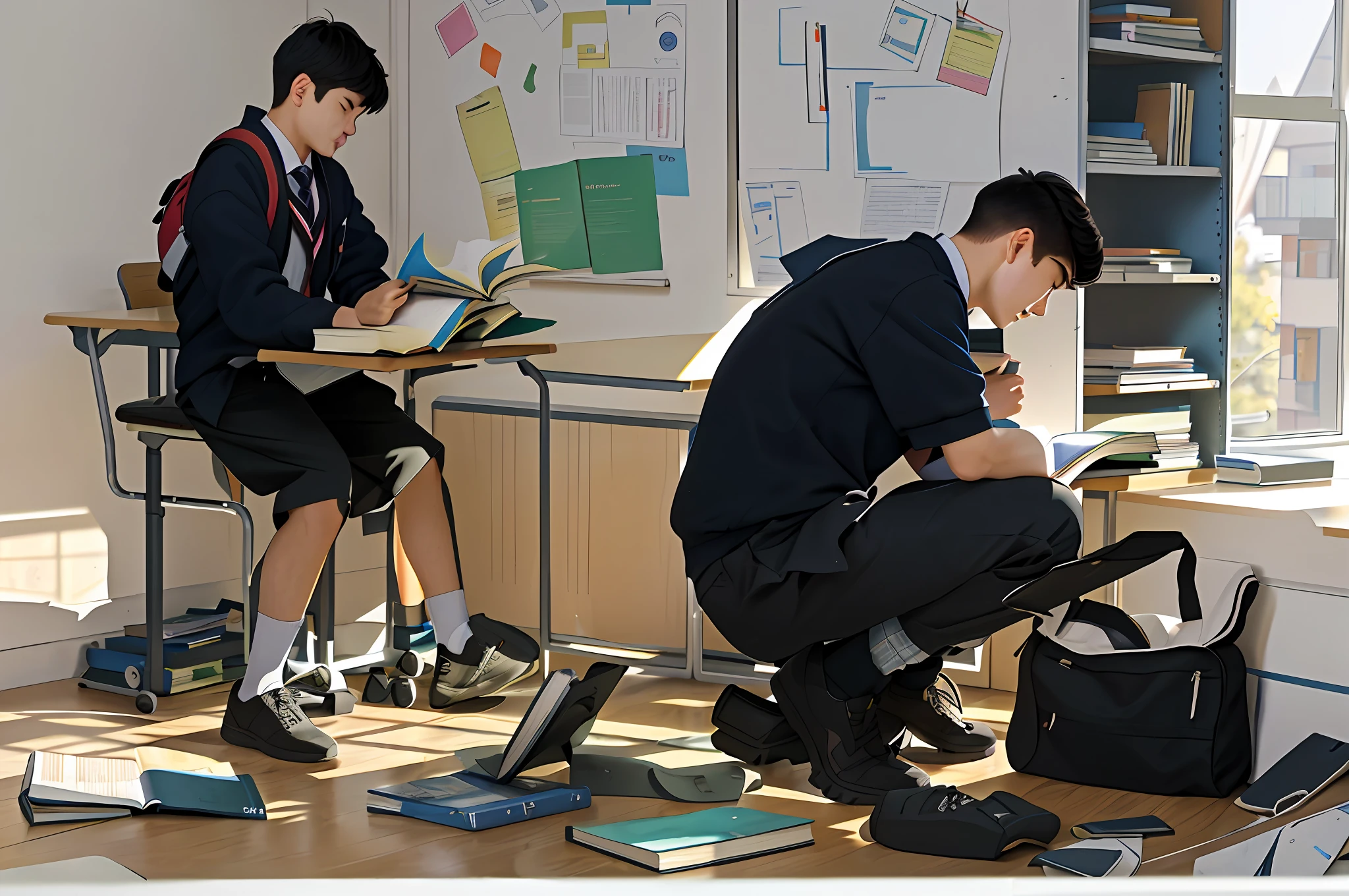 In the classroom, two students, one boy squatted, flipped through his school bag, the other held a pile of books, desks, blackboards, chairs, windows, books