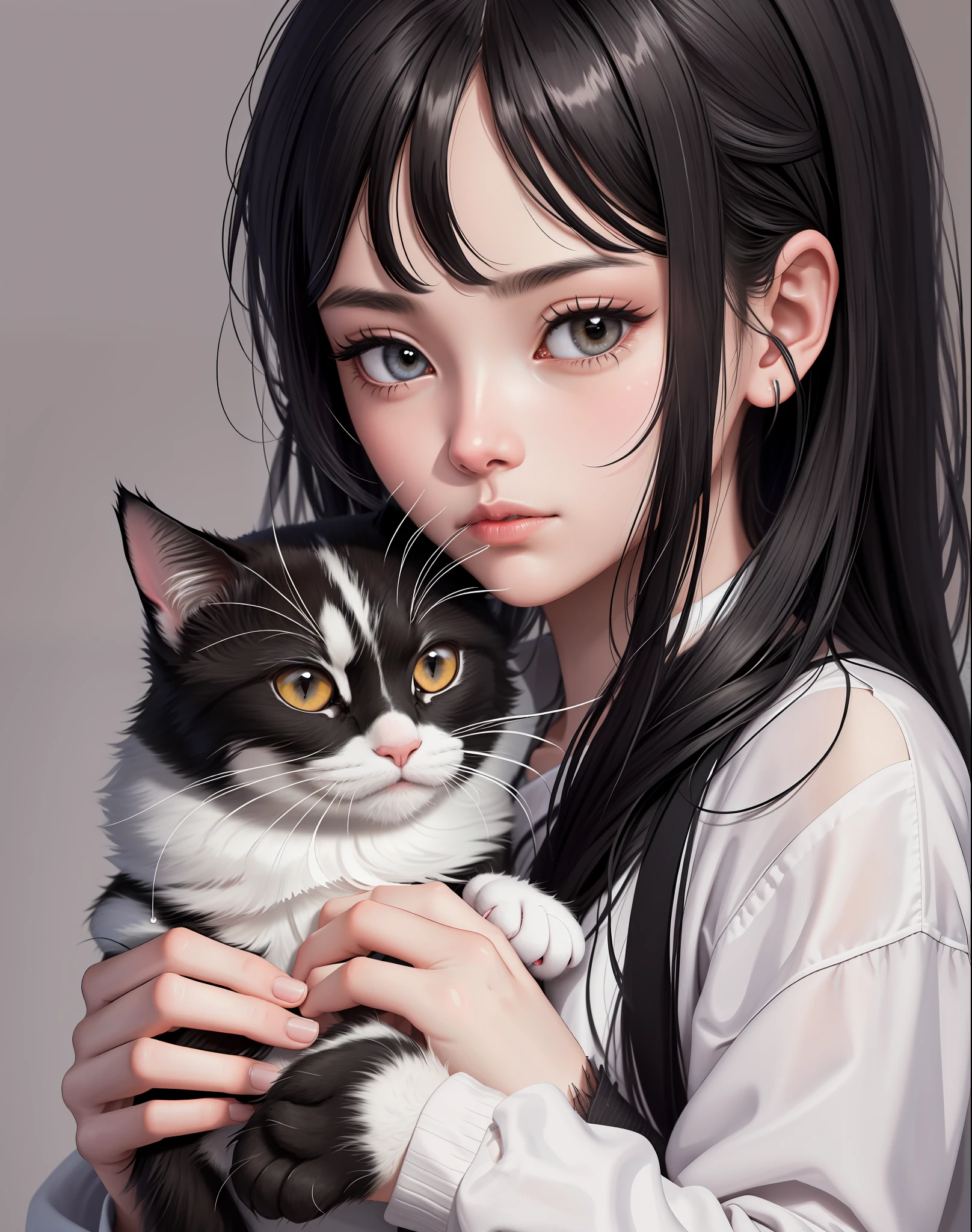 1girl,black hair,solo,holding an black and white cat,looking at viewer,black eyes,holding,long hair,holding cat,realistic,simple background,covered mouth,upper body,long sleeves