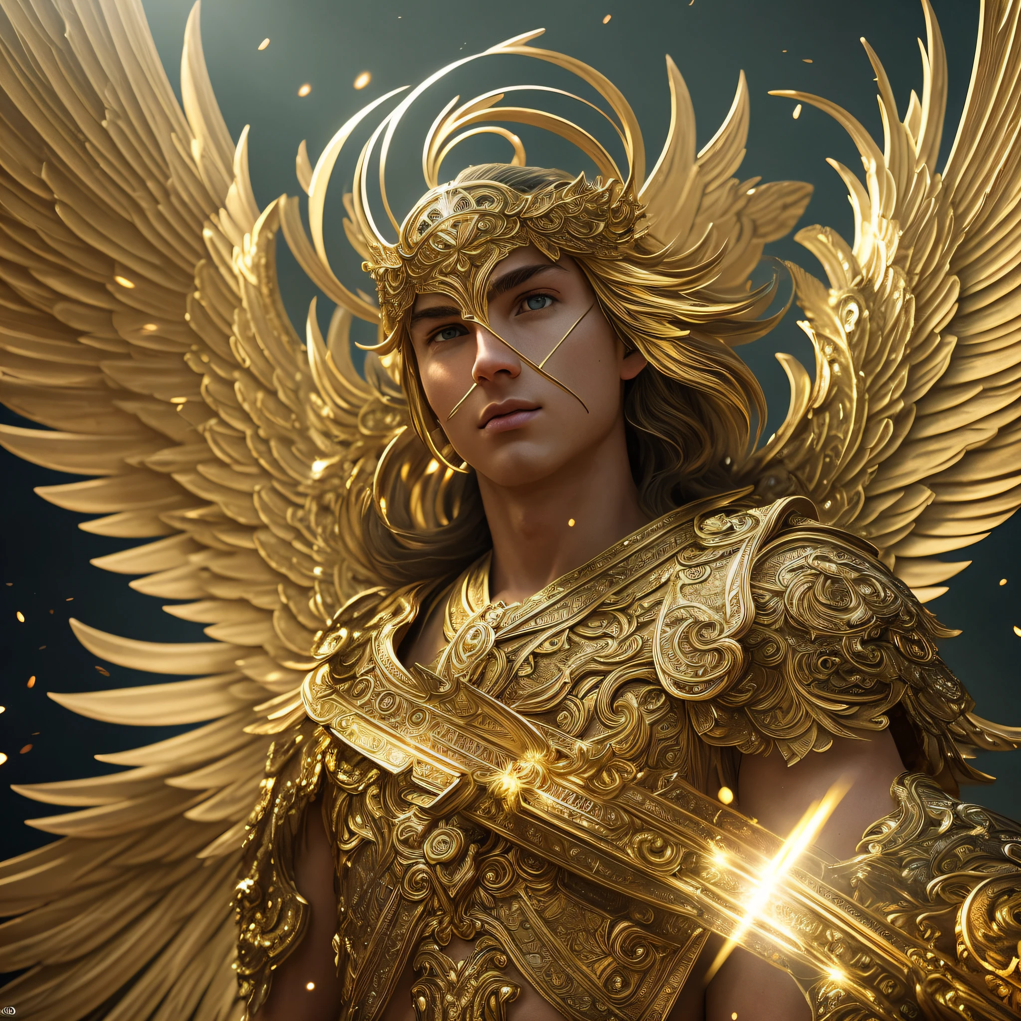 a male angel, with beams of light surrounding his body, his feathered wings are spread, a golden (halo:1.2) over his head, his body like a mist, dark, very beautiful Bright lights, resplendent, masterpiece, very real , as photograph, reality, best quality, intricate details, absurd, DREAD, chromatic aberration, depth of field, soft lighting, tone mapped, highly detailed, concept art, soft, sharp focus, dramatic lighting, highly detailed art, cinematic, 8K , amazing shadows (highly detailed background: 1.0) --auto --s2